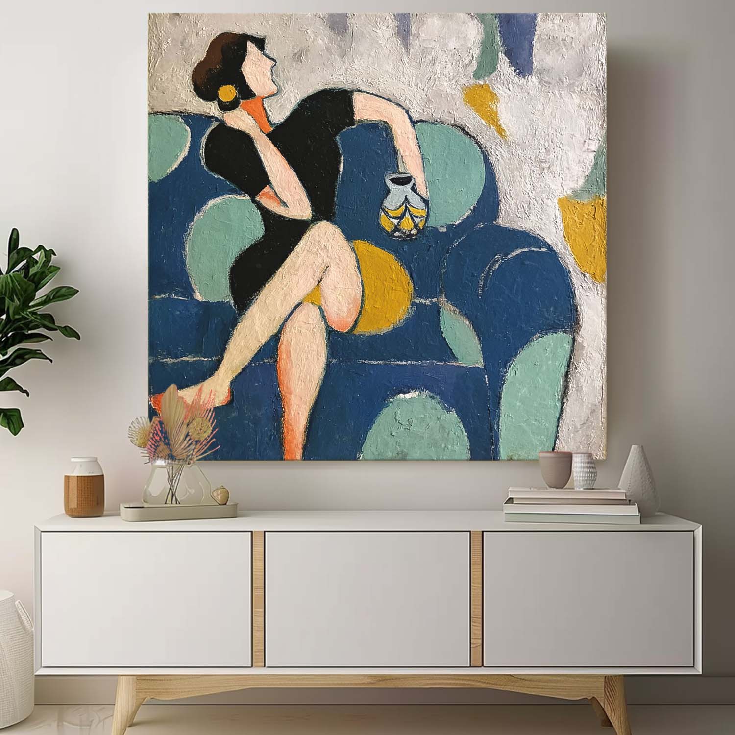 Wall Art Seated Figure Teal Sofa Abstract