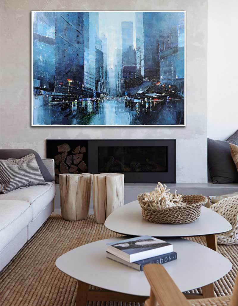 Blue Urban Skyline Cityscape Framed Wall Art