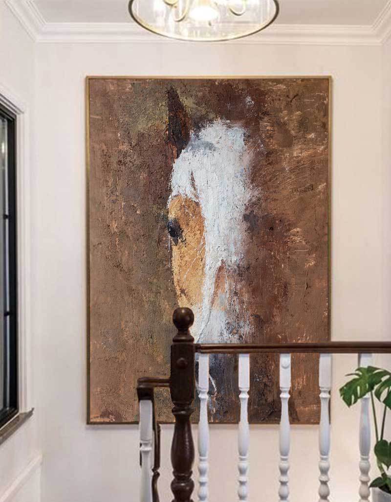 Brown‑White Rustic Vertical Horse Wildlife Textured Portrait Artwork