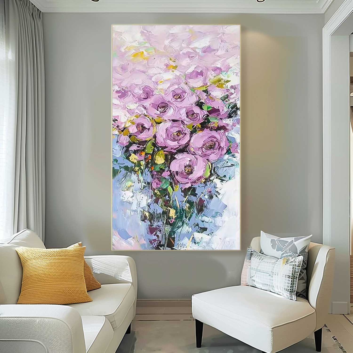 Purple Lavender Rose Bouquet Impasto Canvas Wall Art