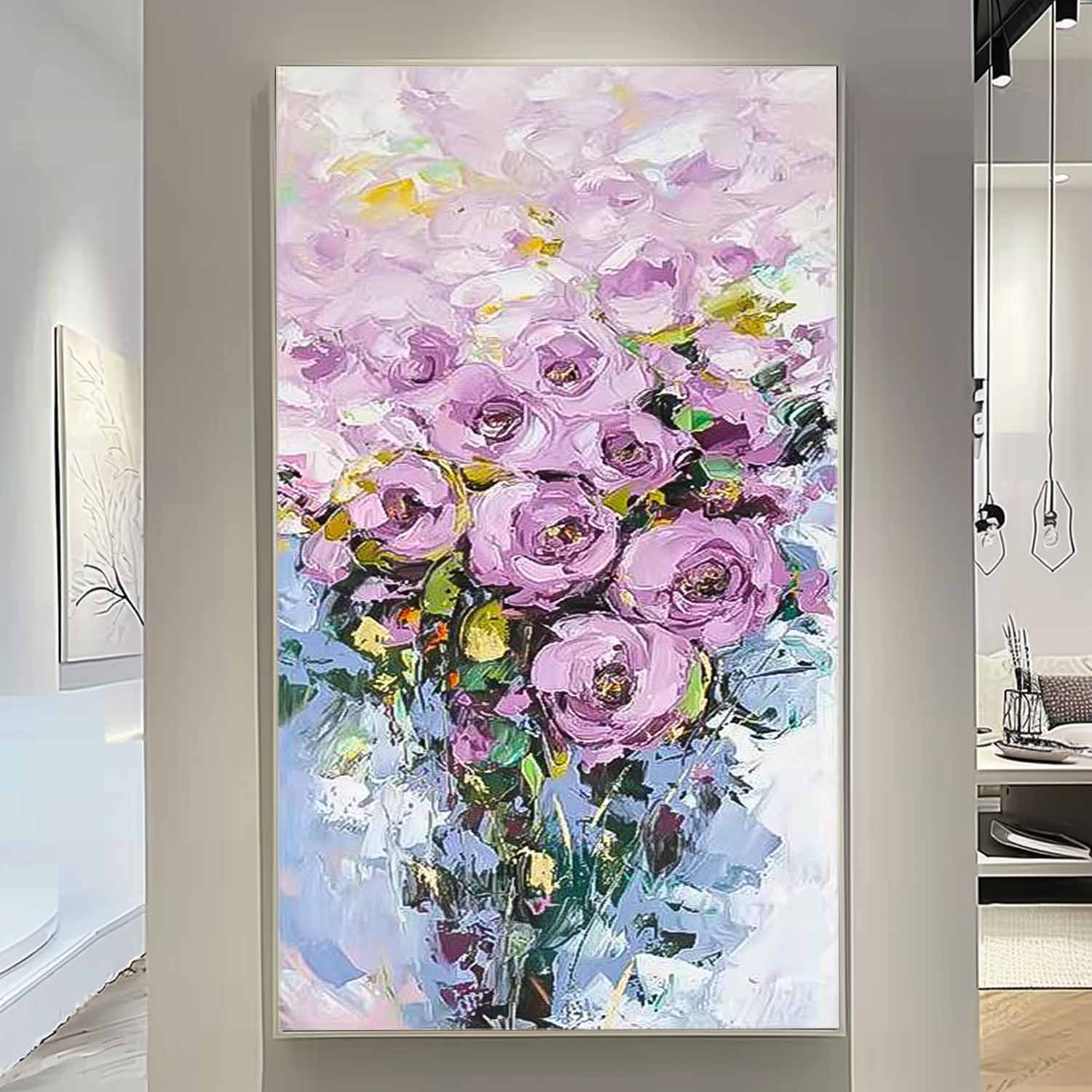 Purple Lavender Rose Bouquet Impasto Canvas Wall Art