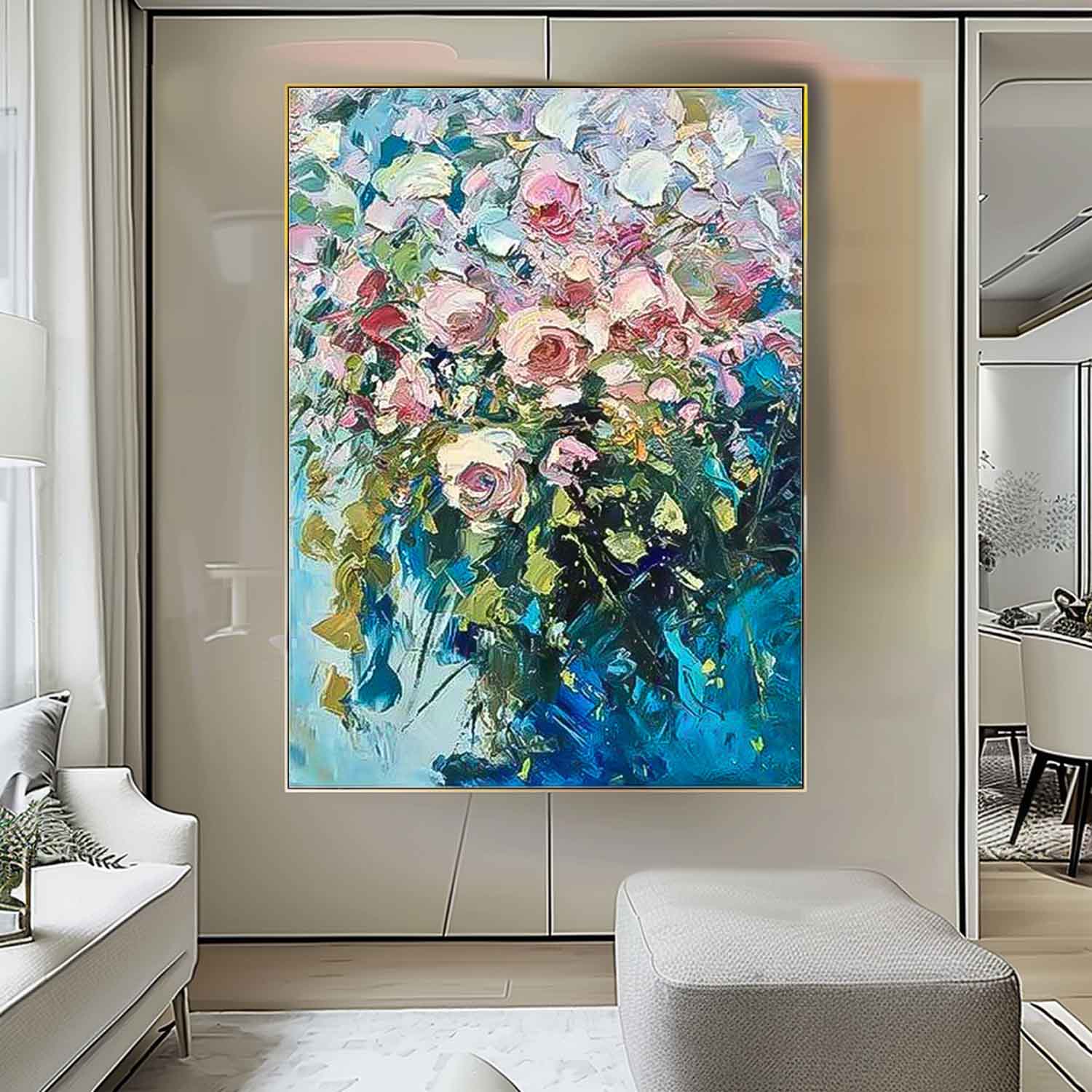 Pink Roses in Blue Vase Impasto Canvas Wall Art