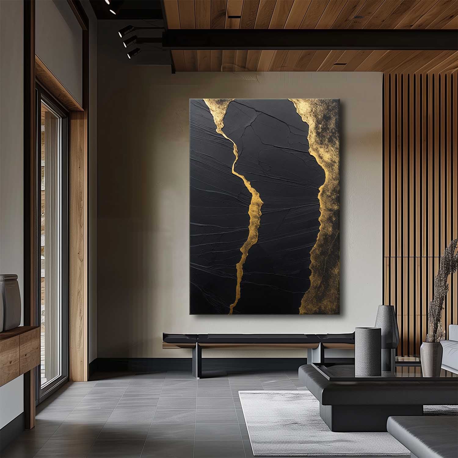 Luxury Black‑Gold Vein Abstract Heavy Impasto Metallic Textured Artwork