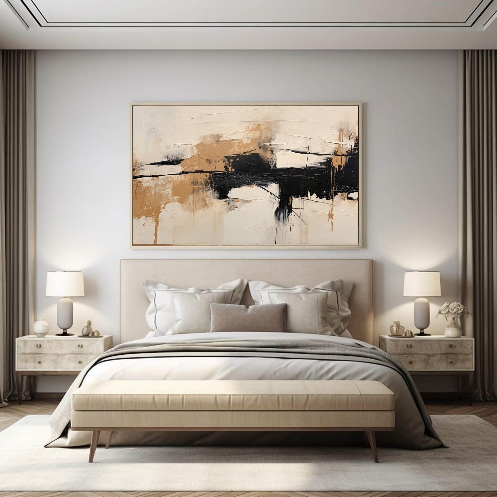 Warm Beige Black Abstract Canvas Wall Art