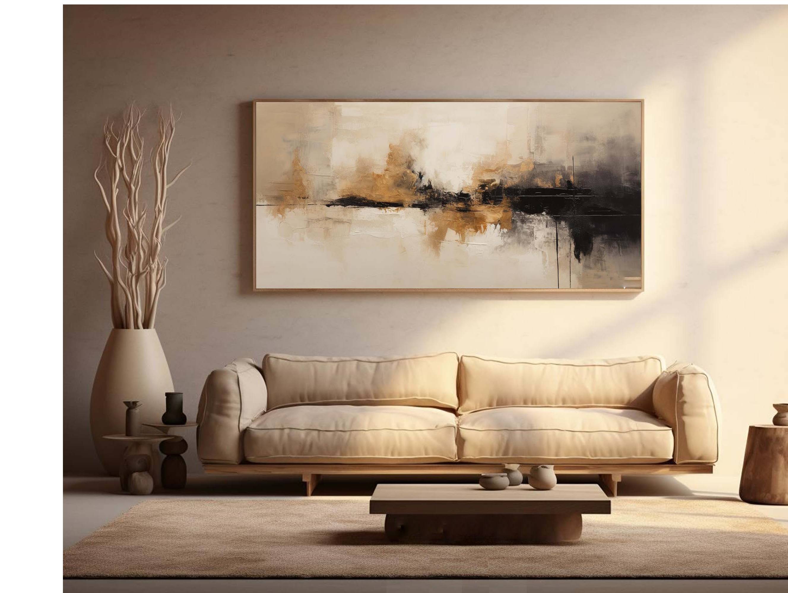 Beige‑Black‑Gold Horizontal Abstract  Blended Brush‑Stroke Textured Artwork
