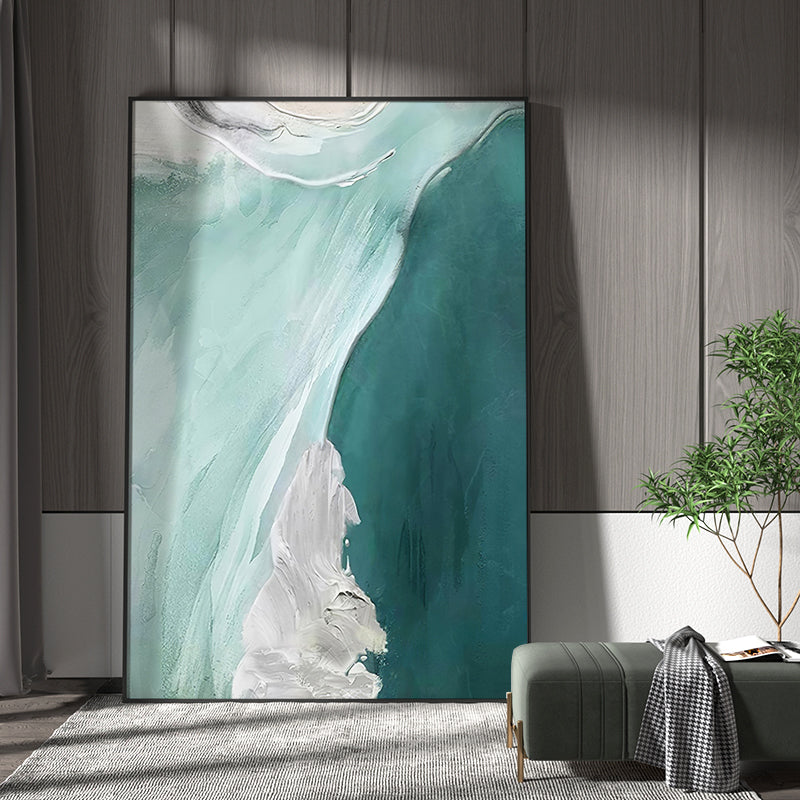 Abstract Teal White Fluid Coastal Waves Oil Acrylic Linen Canvas Painting