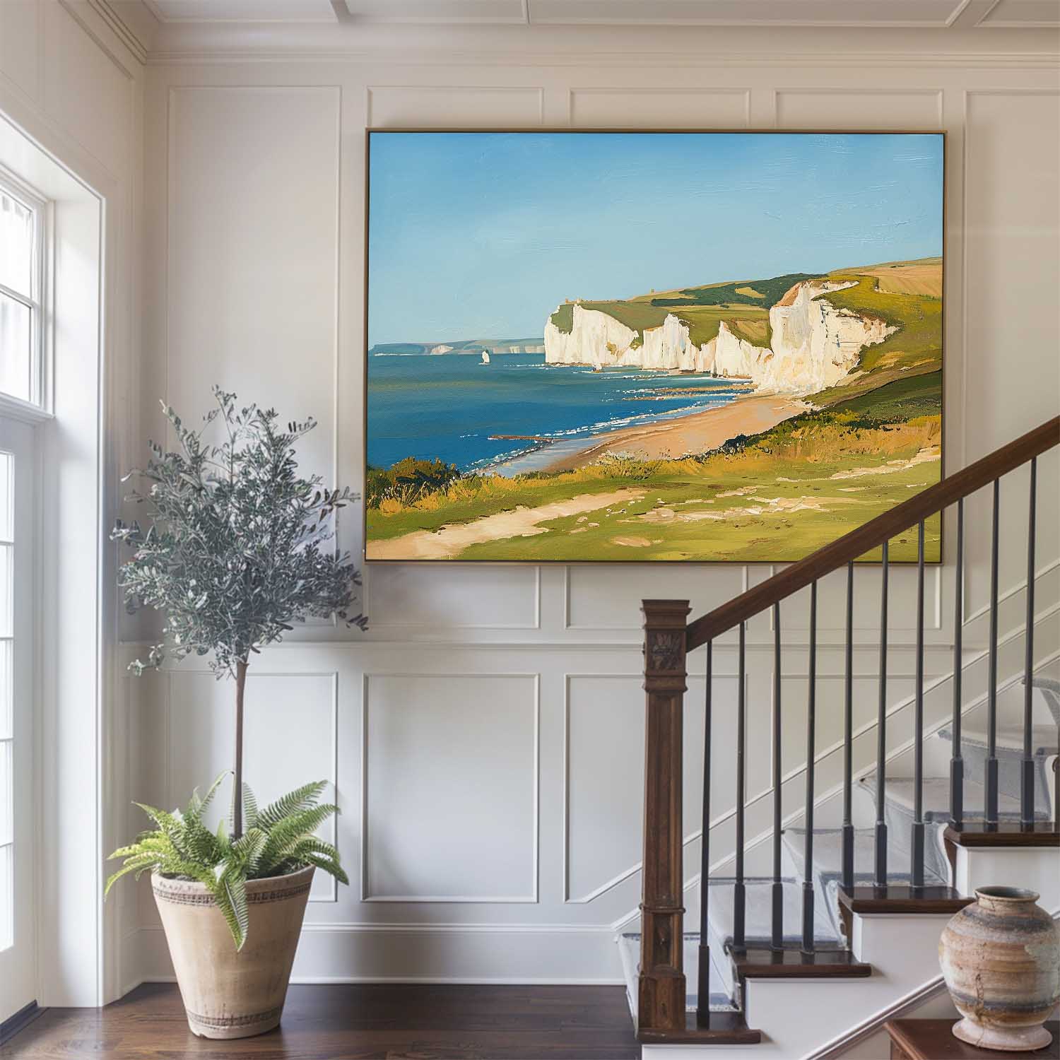 Seaside White Chalk Cliff Landscape  Natural Scenery Brush‑Textured Artwork