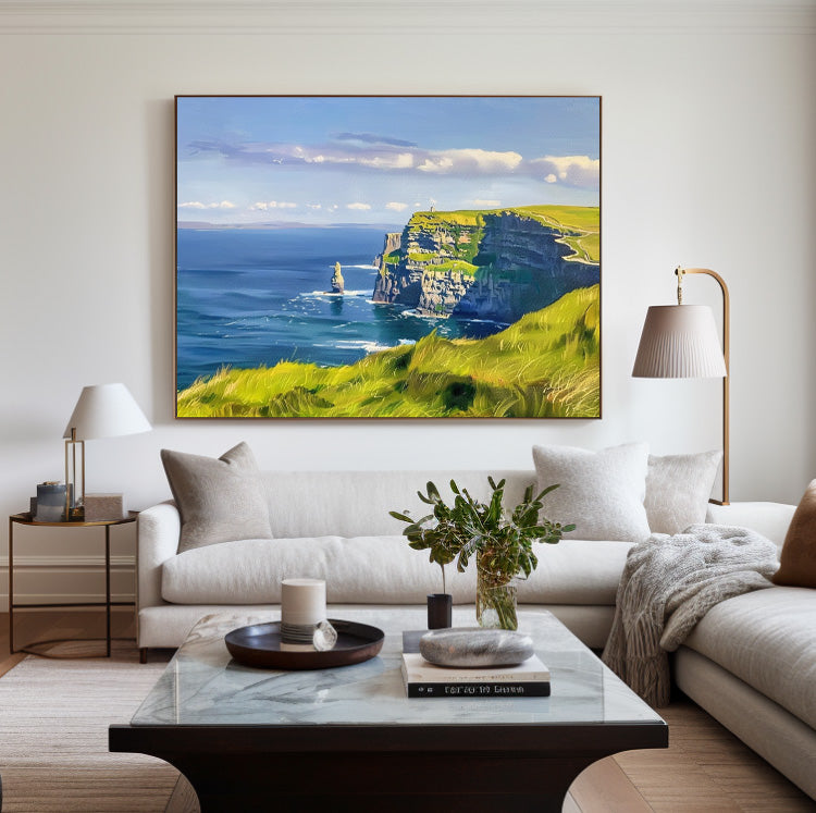 Dramatic Green Cliffs Ocean Painting
