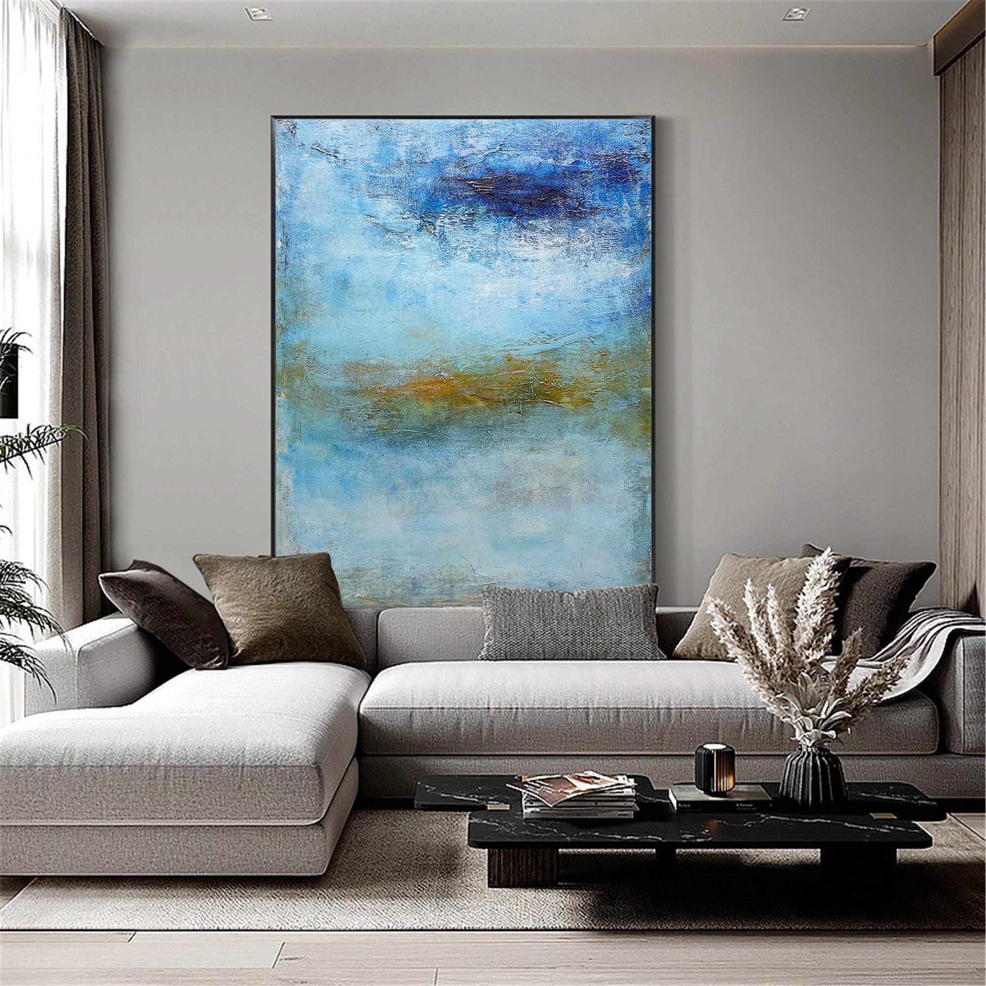 Seascape Blue Gold White Coastal Abstract Oil Painting on Linen Canvas