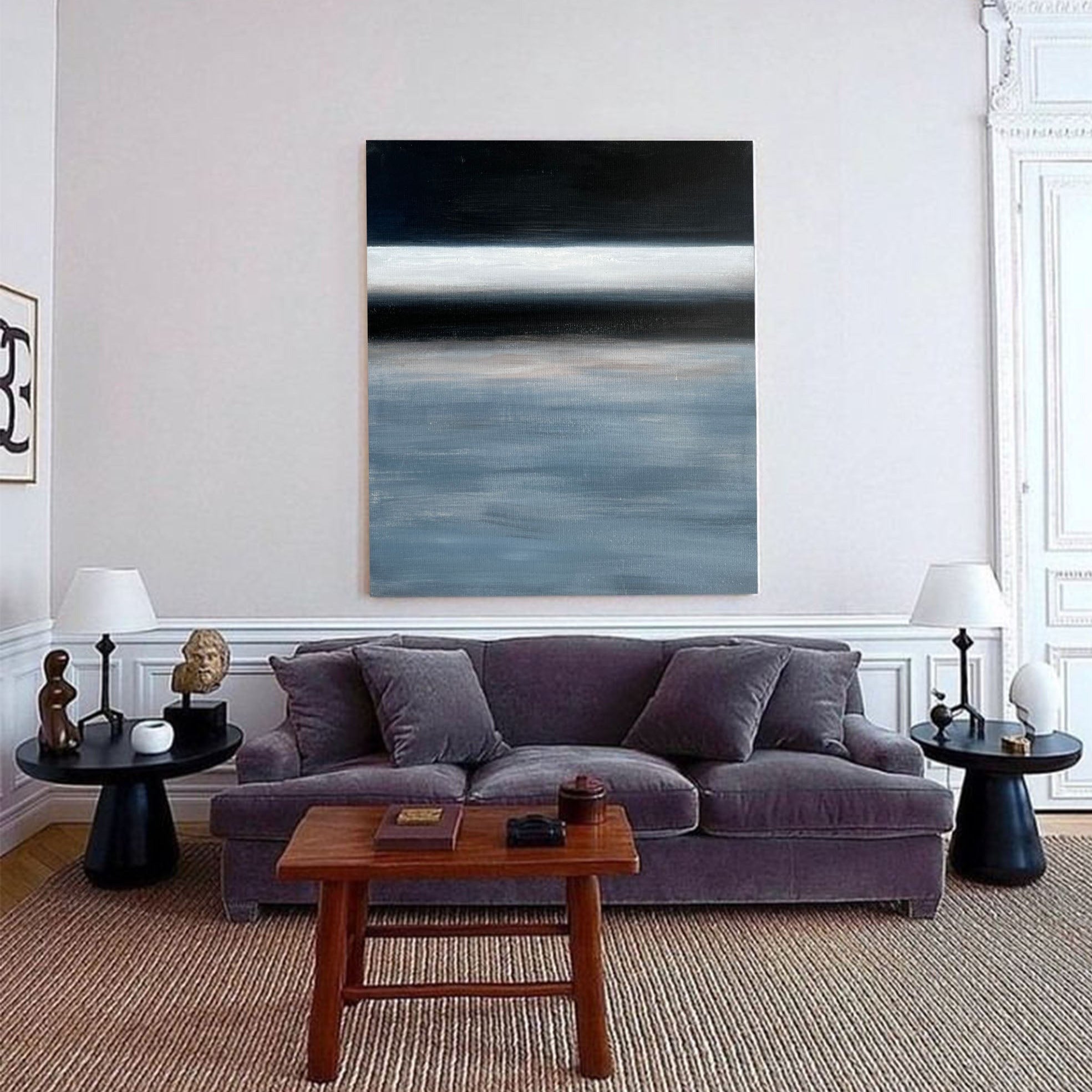 Moody Ocean Horizon Abstract Linen Canvas Wall Artwork