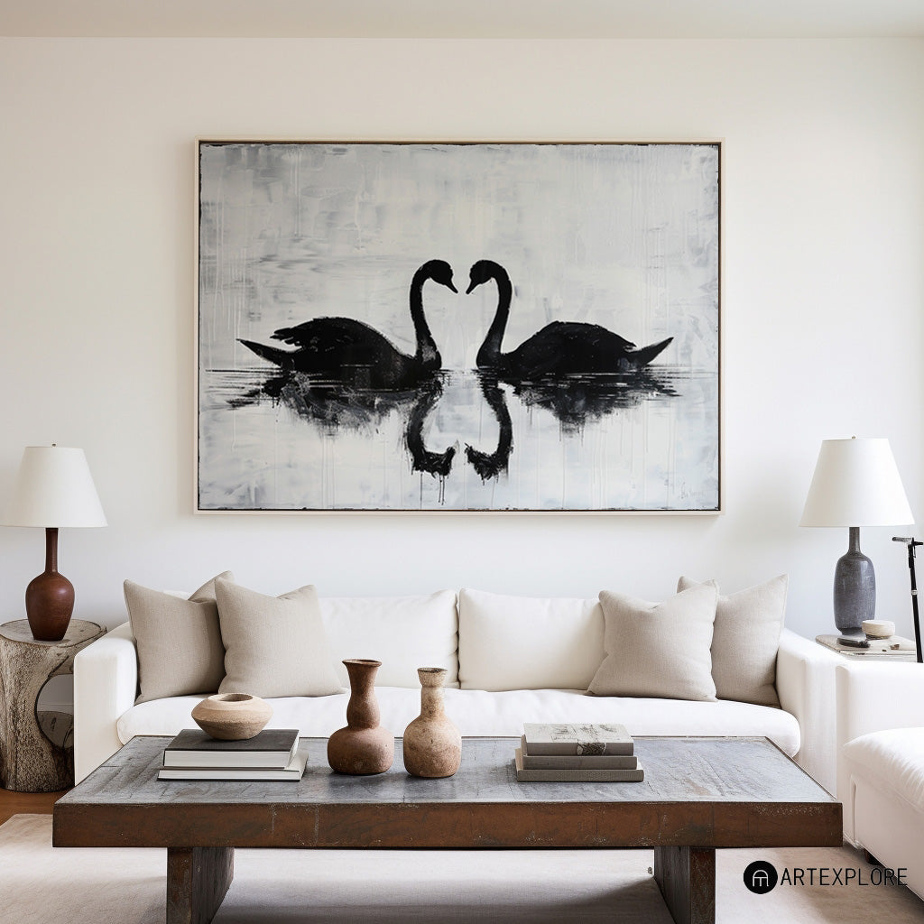 Monochrome Twin Swans  Reflection‑Theme Minimalist Abstract Brush‑Textured Artwork