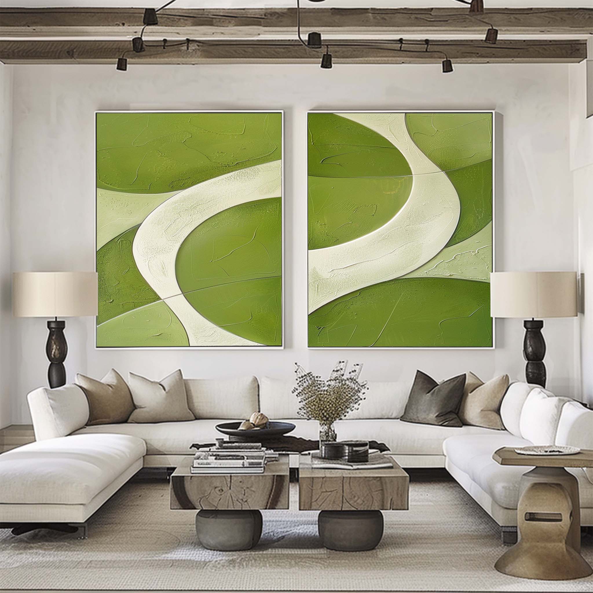 Green White Flowing Abstract Painting