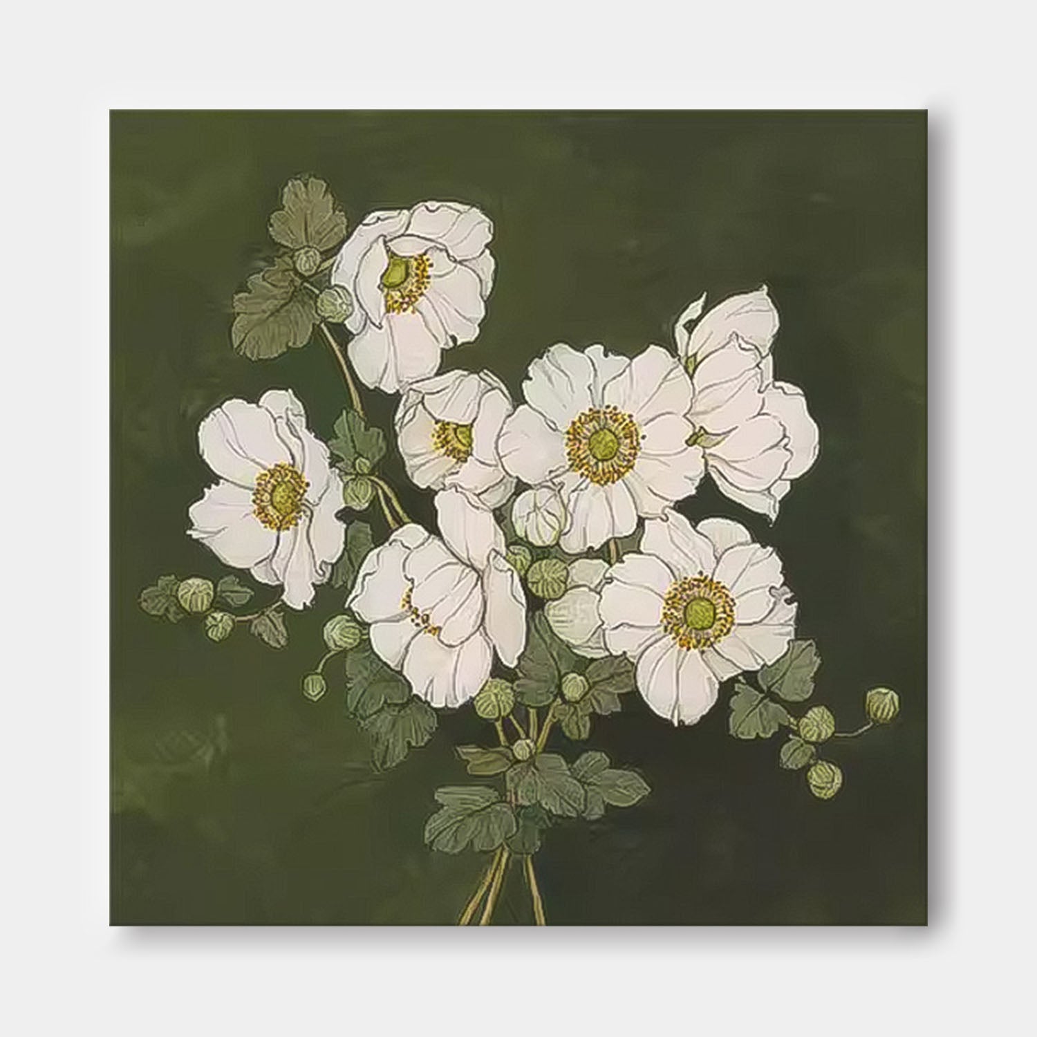 Moody Dark Green White Floral Wall Art
