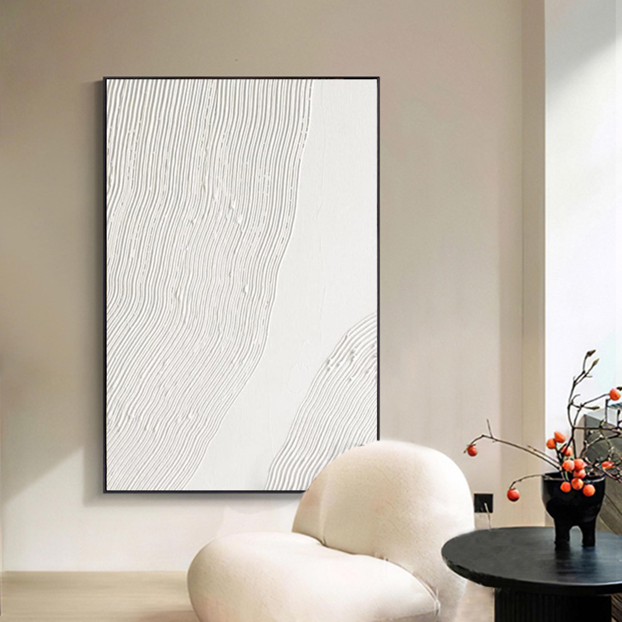 Off‑White Vertical Wavy‑Line Relief‑Textured Framed Artwork
