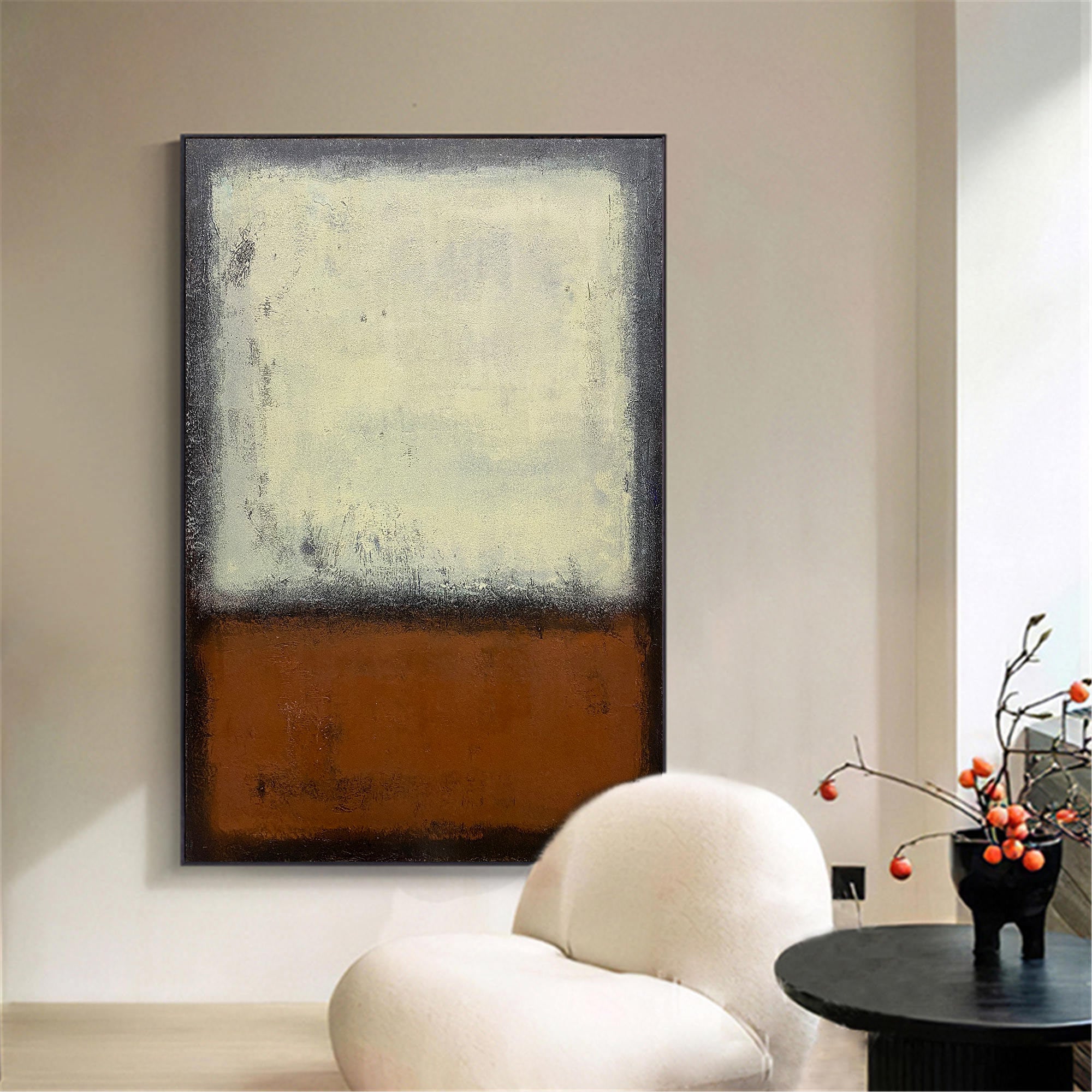Rust‑Cream Vertical Block‑Contrast Framed Impasto Textured Artwork