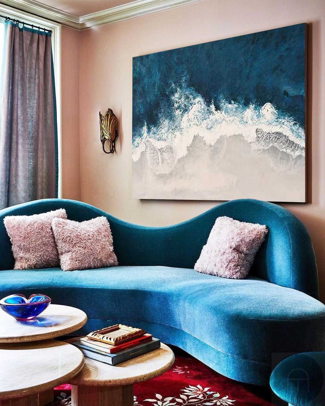 Teal‑White Horizontal Sea‑Wave Raised‑Textured Artwork
