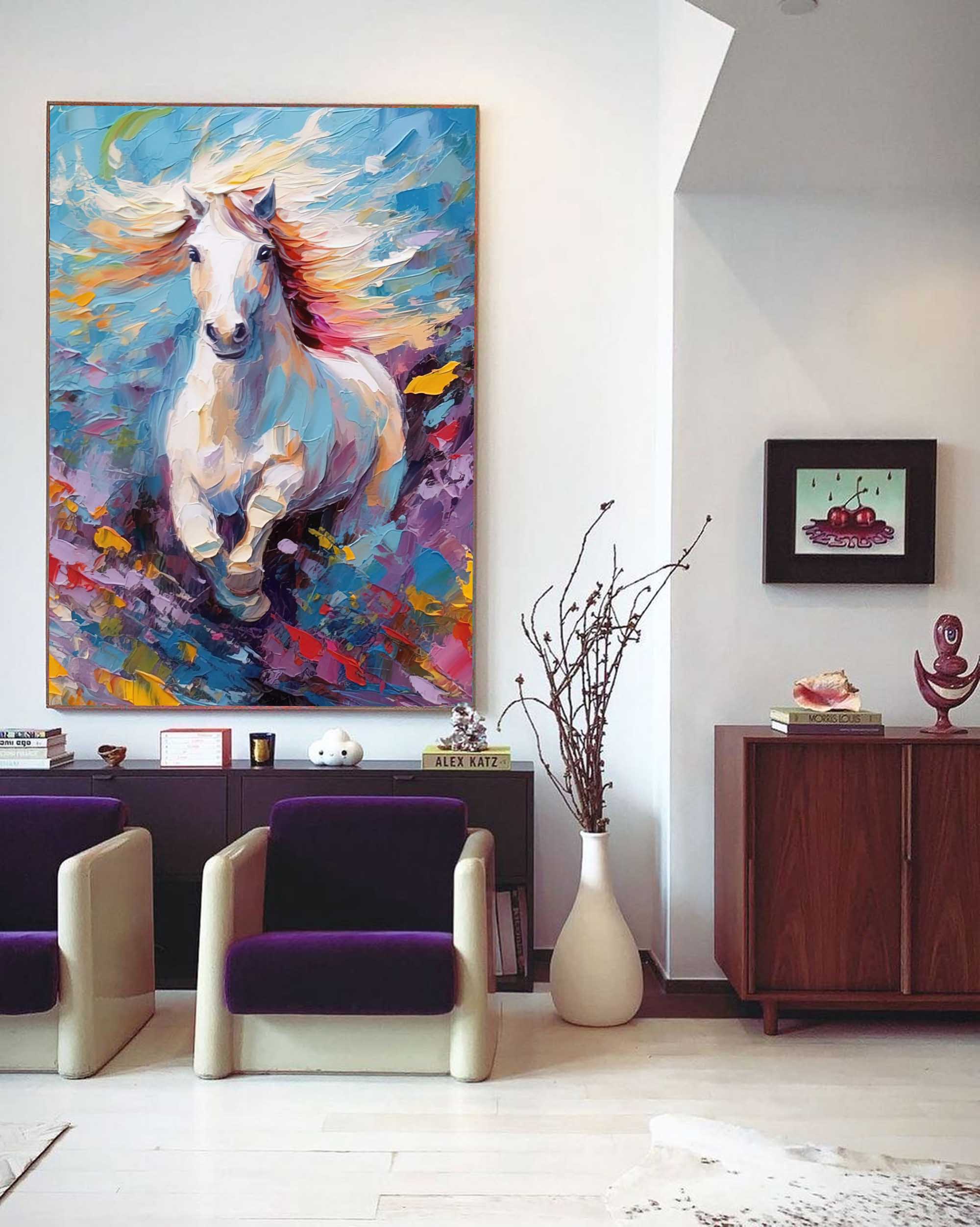 Wall Art White Galloping Horse Colorful Wild Meadow