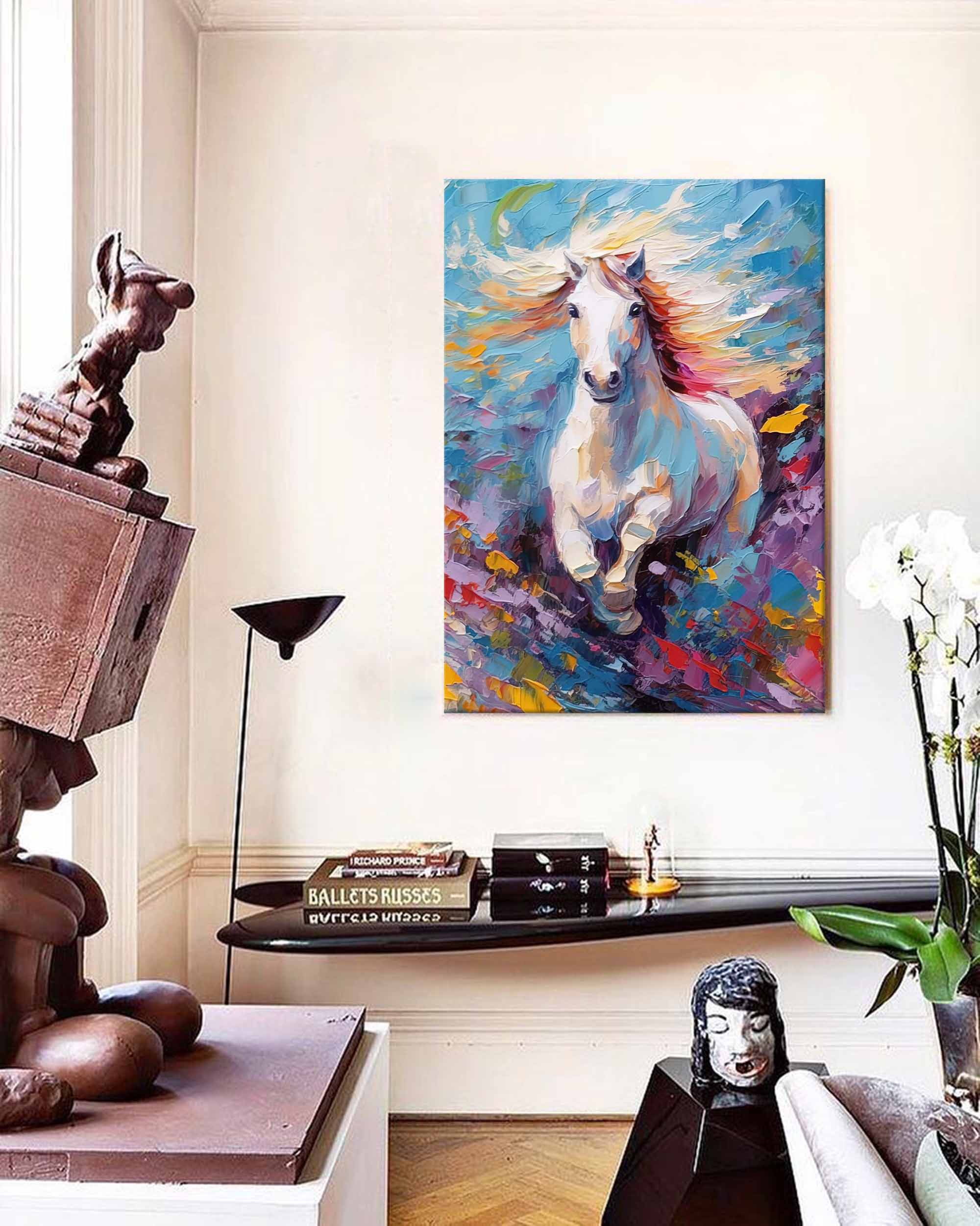 Wall Art White Galloping Horse Colorful Wild Meadow