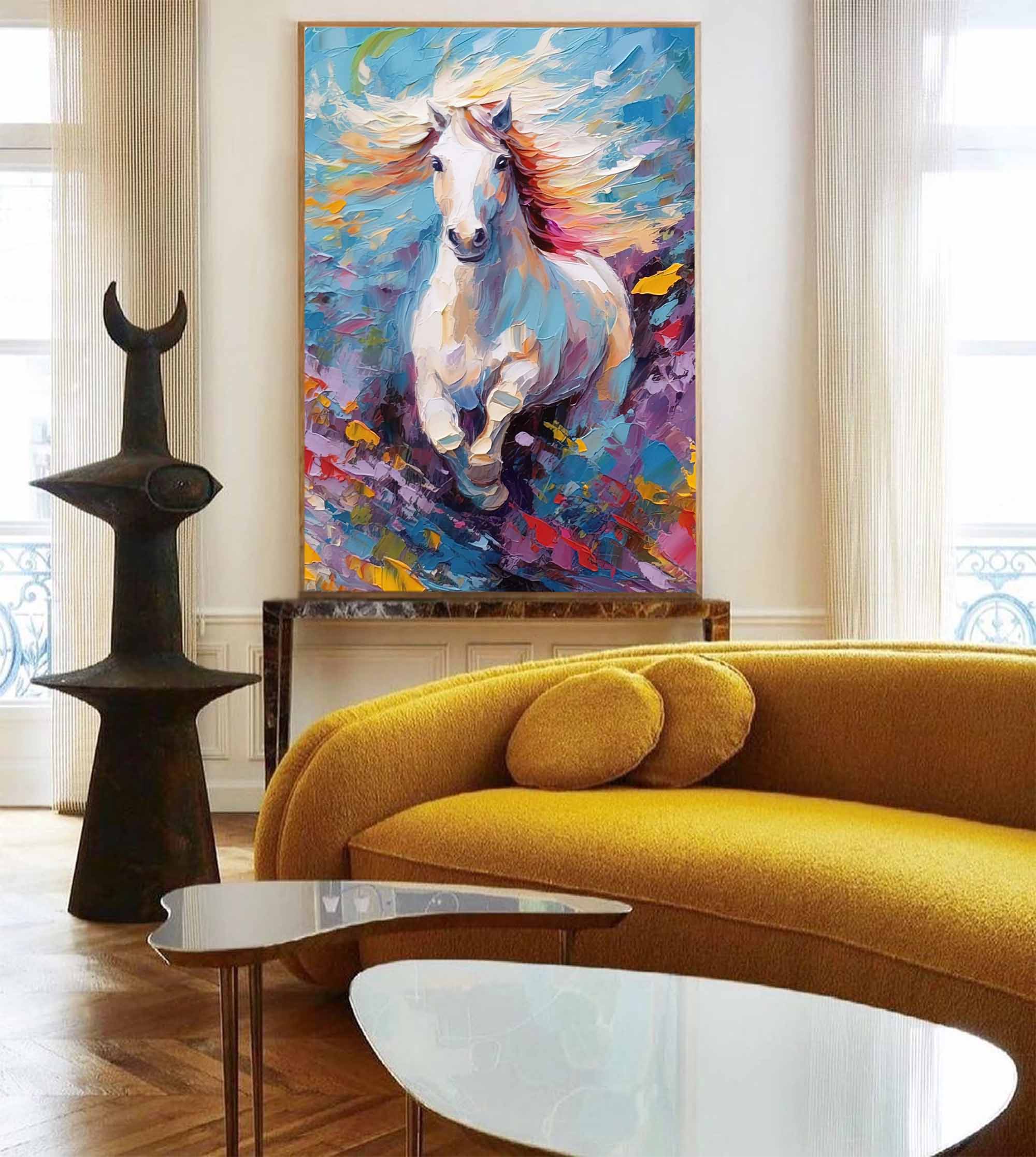 Wall Art White Galloping Horse Colorful Wild Meadow