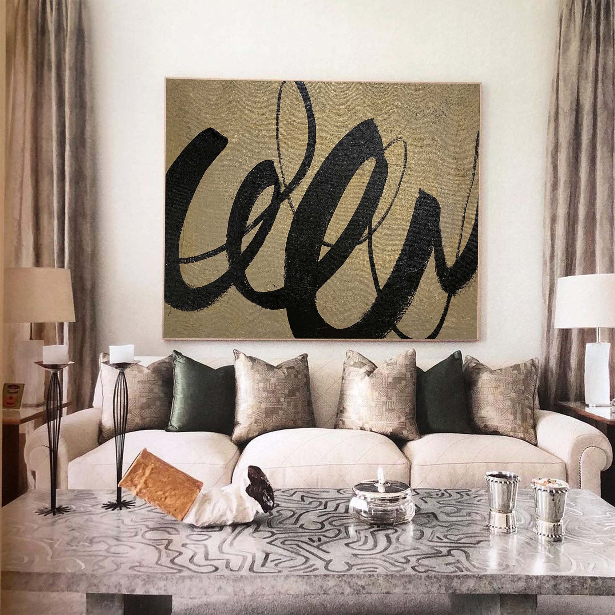 Gestural Calligraphic Abstract Unstretched Linen Canvas Wall Decoration