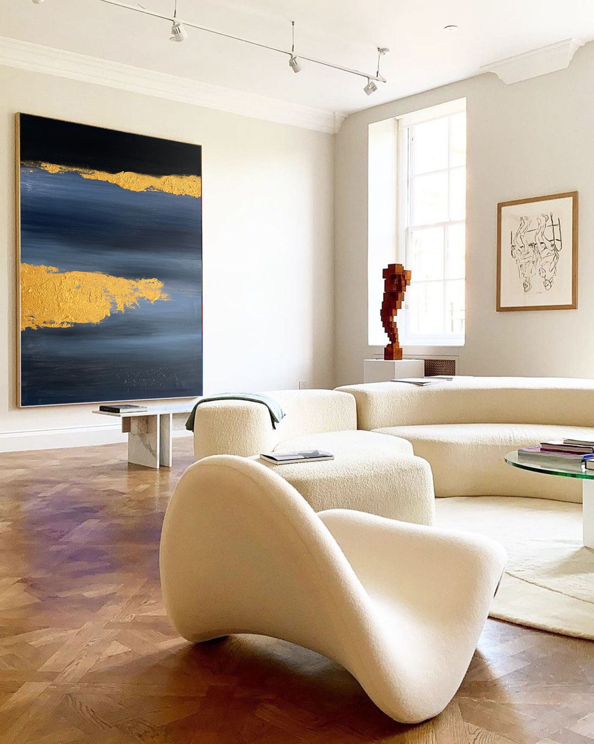 Metallic Gold Foil Deep Blue Abstract Linen Canvas Wall Hanging