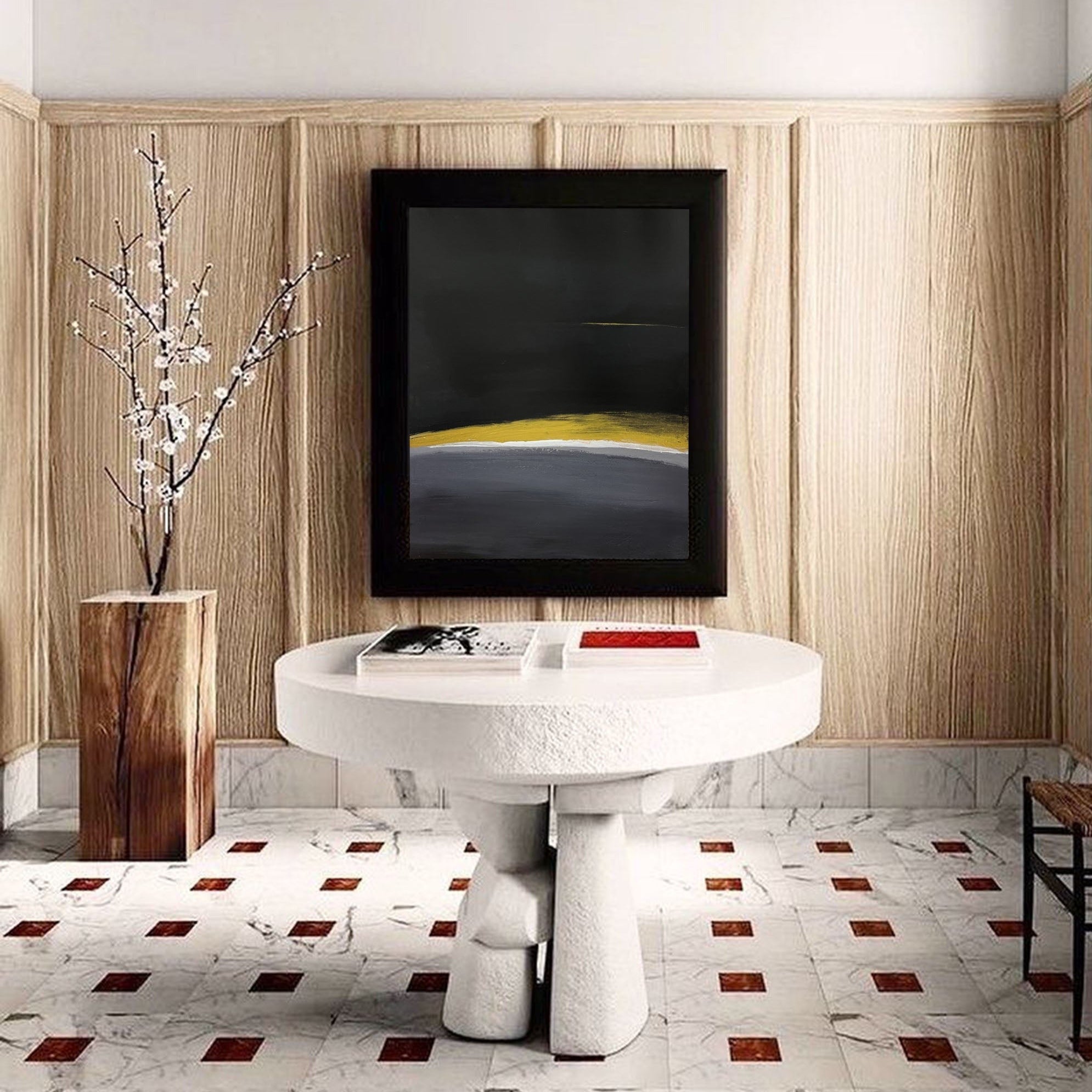 Modern Black Gold Yellow Abstract Linen Art