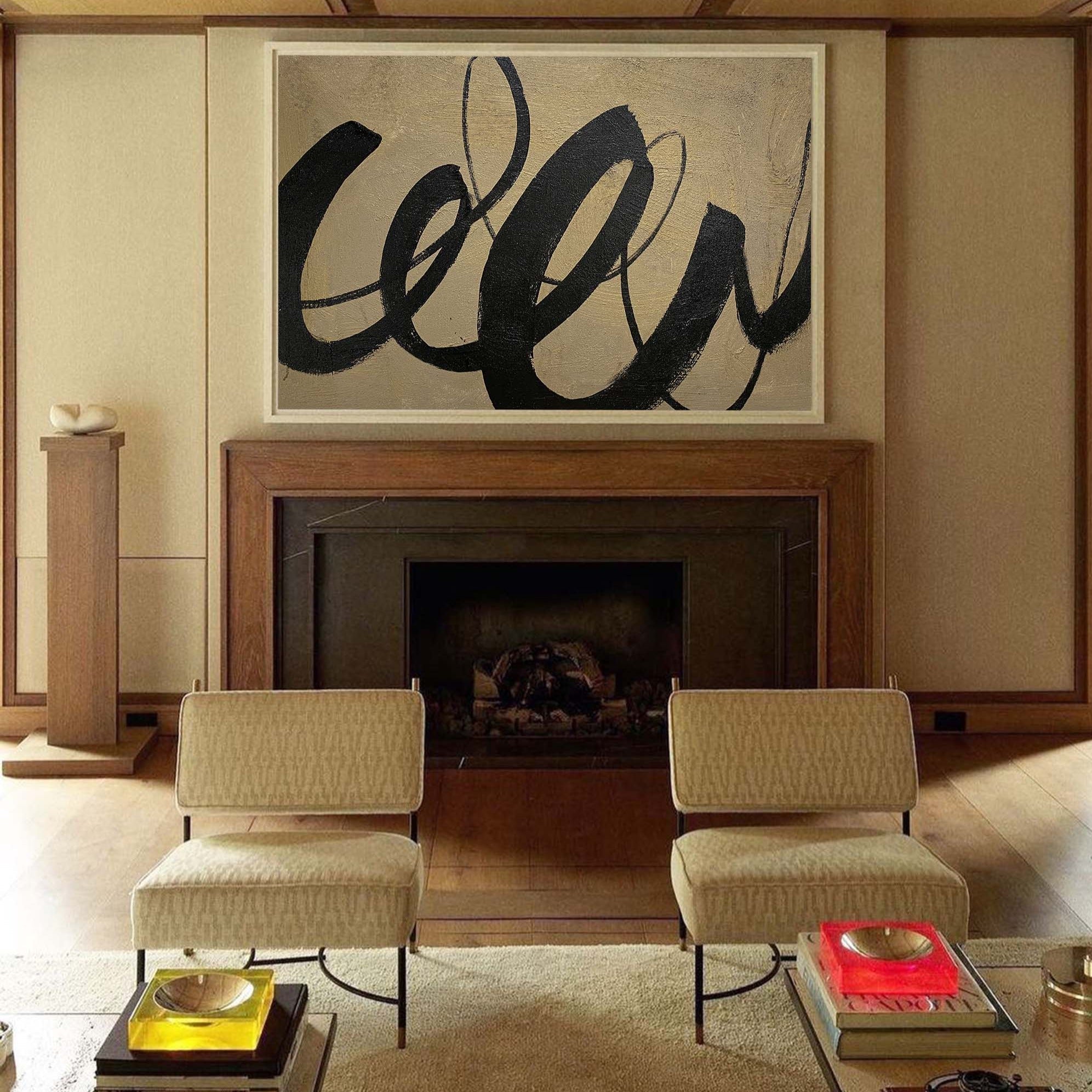 Gestural Calligraphic Abstract Unstretched Linen Canvas Wall Decoration