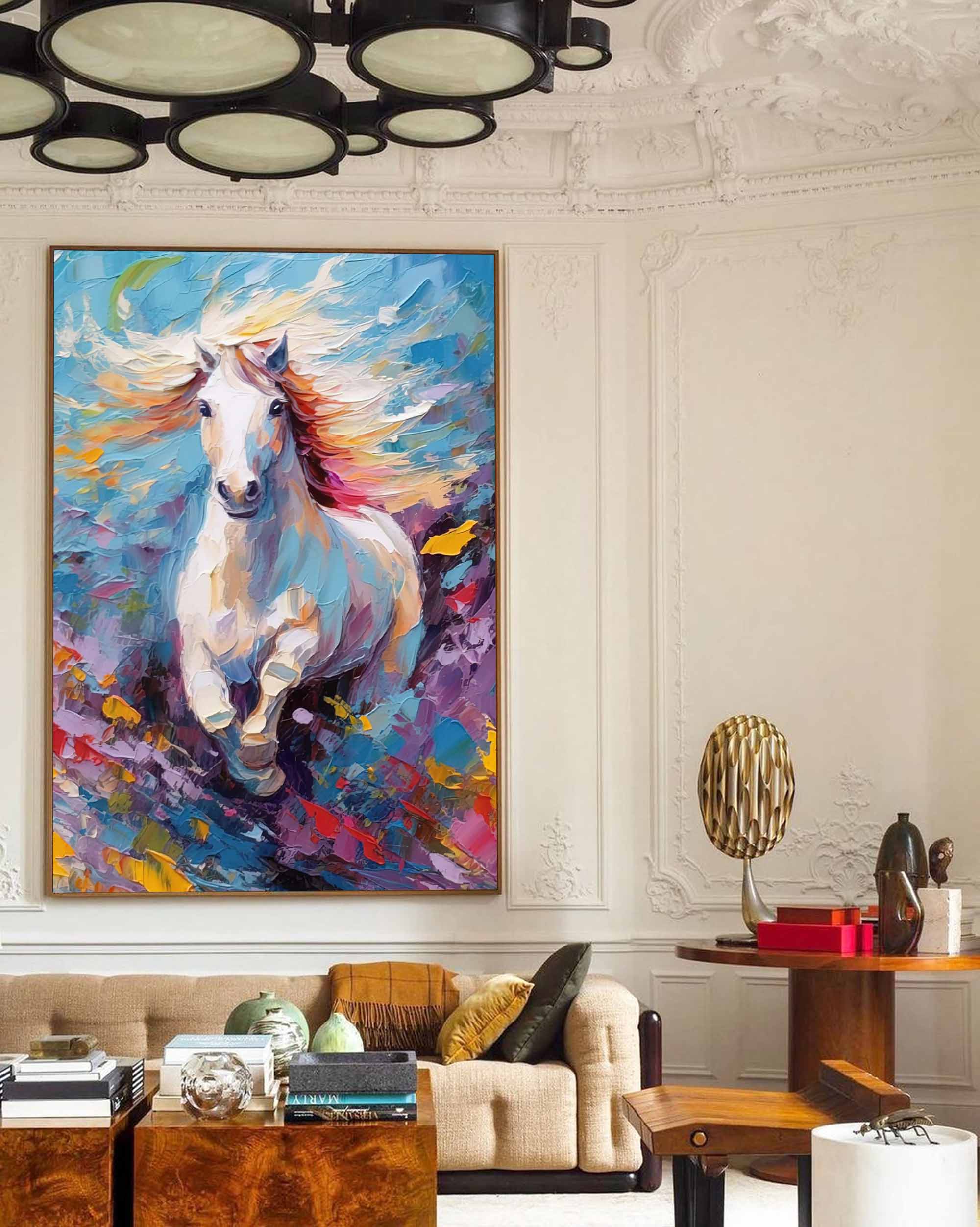 Wall Art White Galloping Horse Colorful Wild Meadow