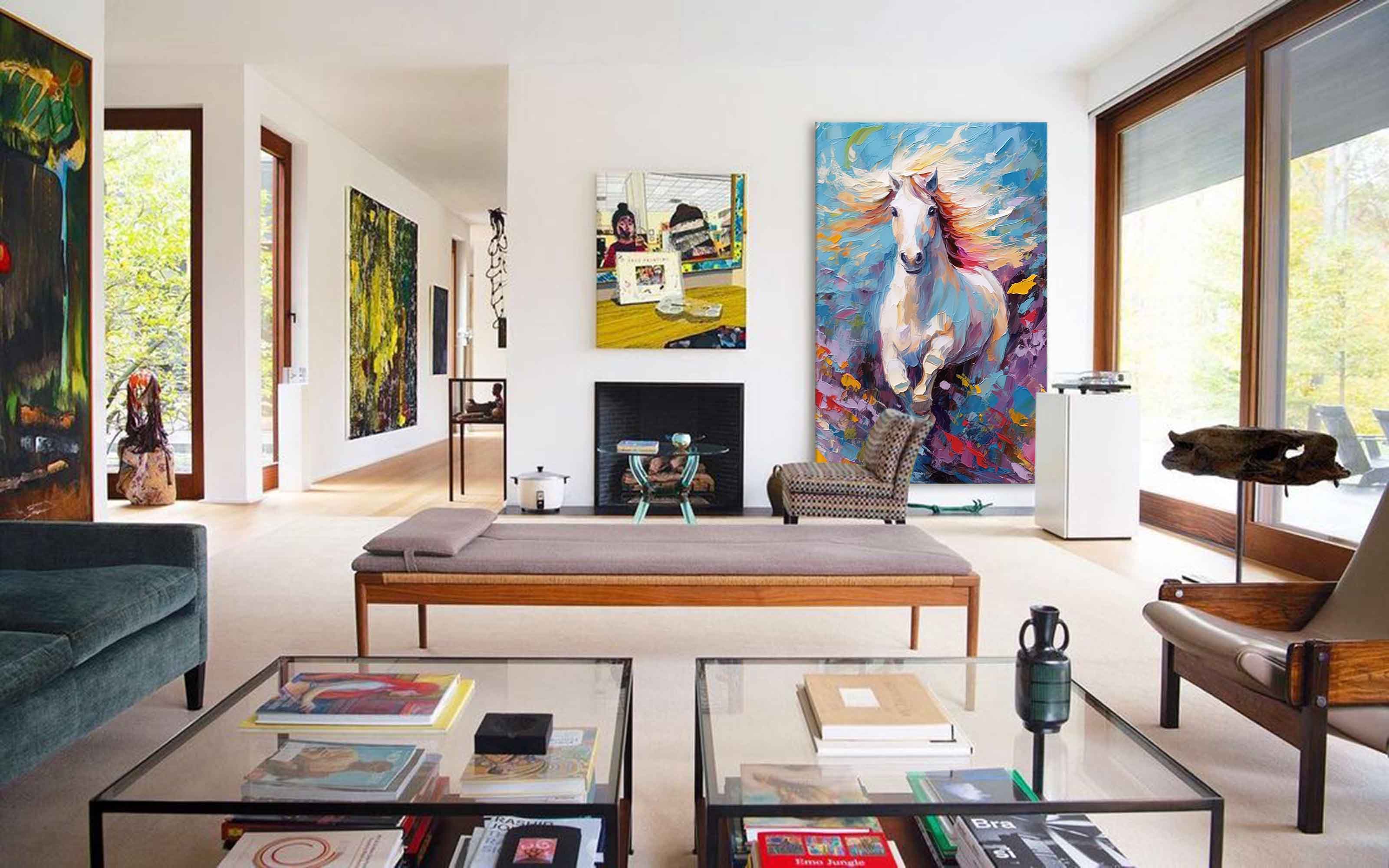 Wall Art White Galloping Horse Colorful Wild Meadow