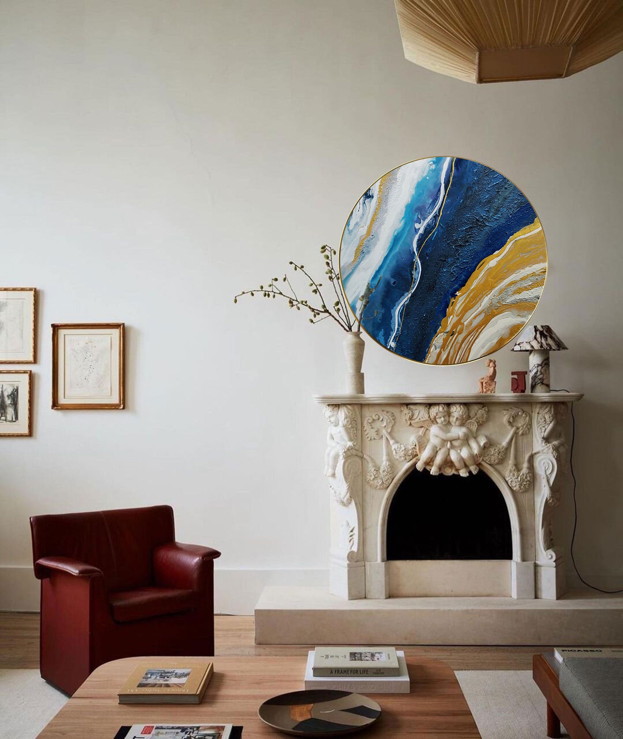 Wall Art Blue Gold Round Abstract Marble Modern Texture Living Room | Neutralighting