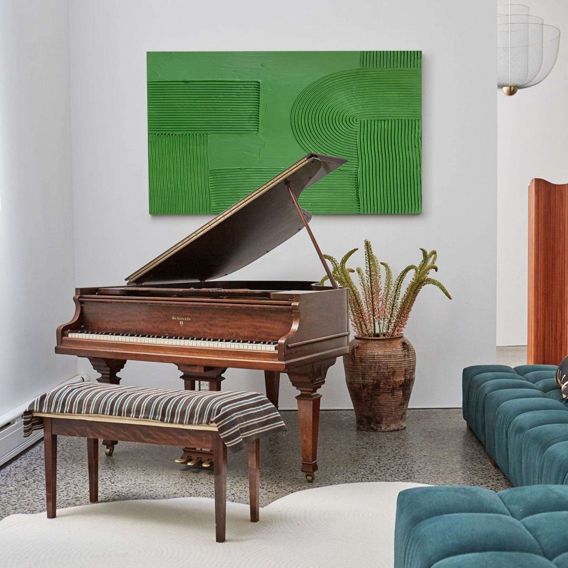 Solid‑Green Geometric Abstract  Ridged Heavy Textured Artwork