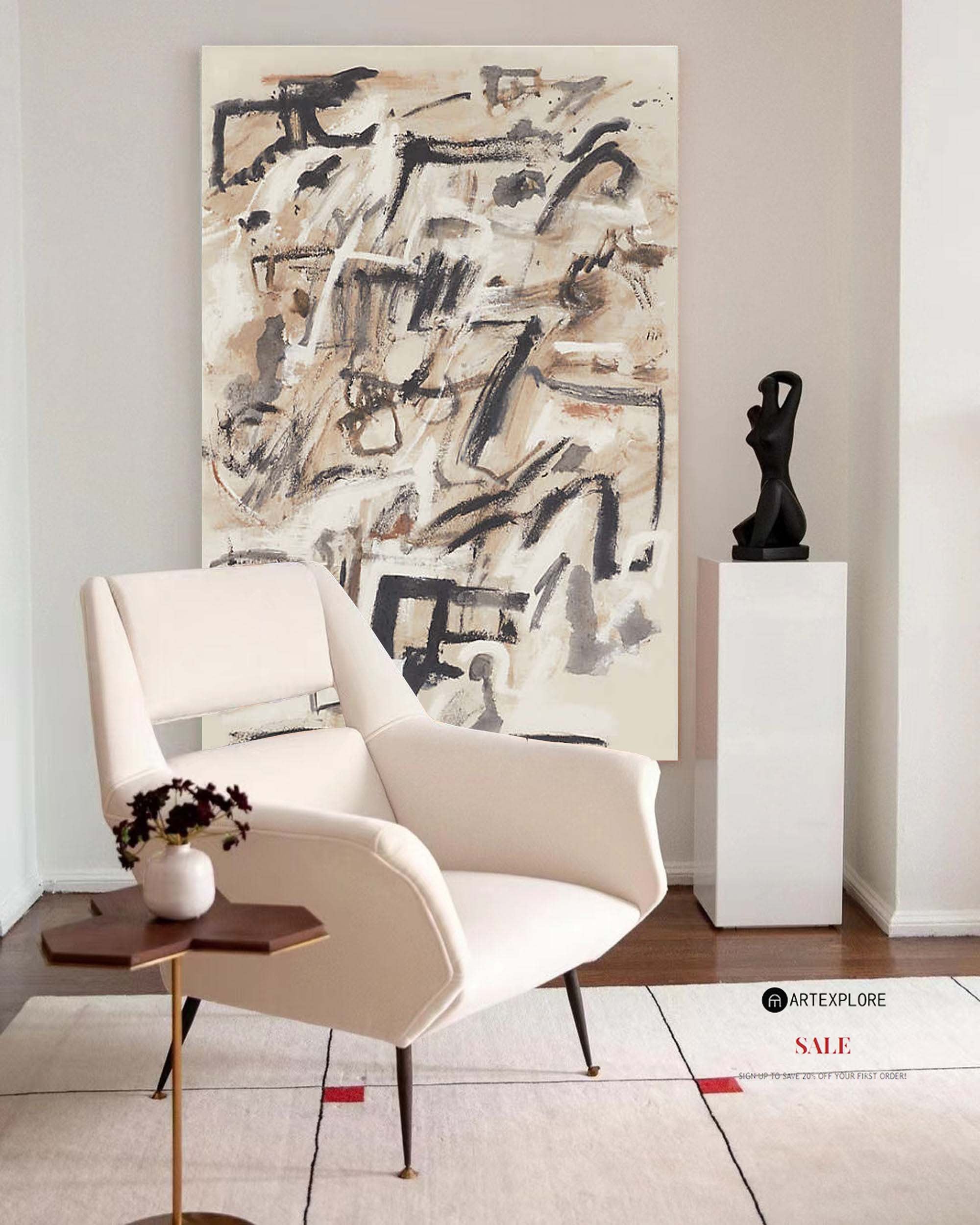Warm Beige Black Brushstroke Abstract Canvas Art
