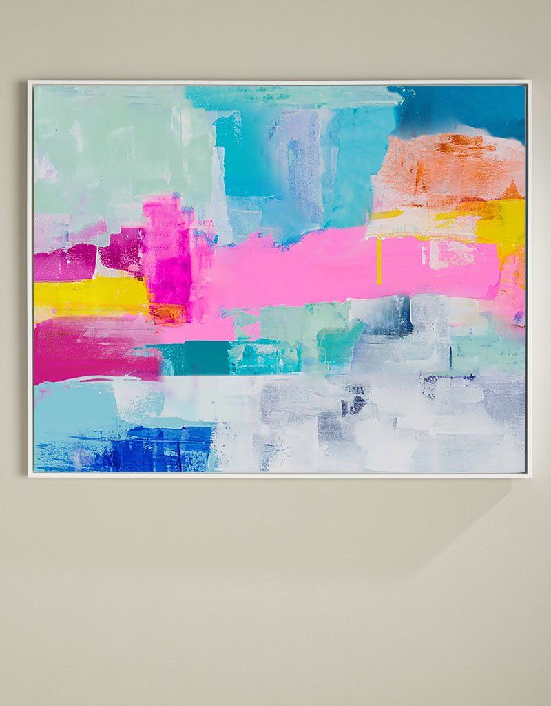Pink‑Teal‑Yellow‑Blue Horizontal Bold Geometric Abstract Textured Artwork