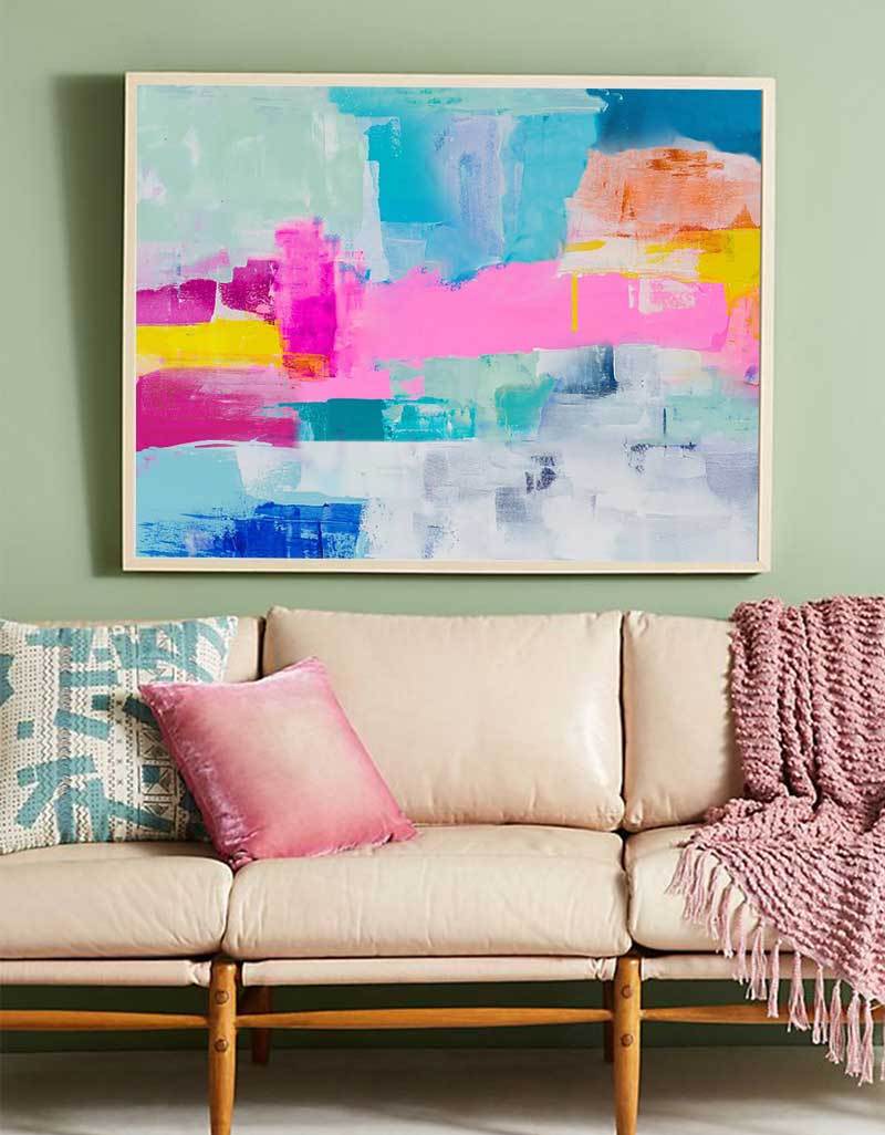Pink‑Teal‑Yellow‑Blue Horizontal Bold Geometric Abstract Textured Artwork