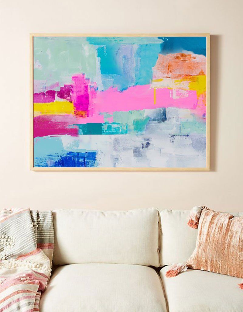 Pink‑Teal‑Yellow‑Blue Horizontal Bold Geometric Abstract Textured Artwork