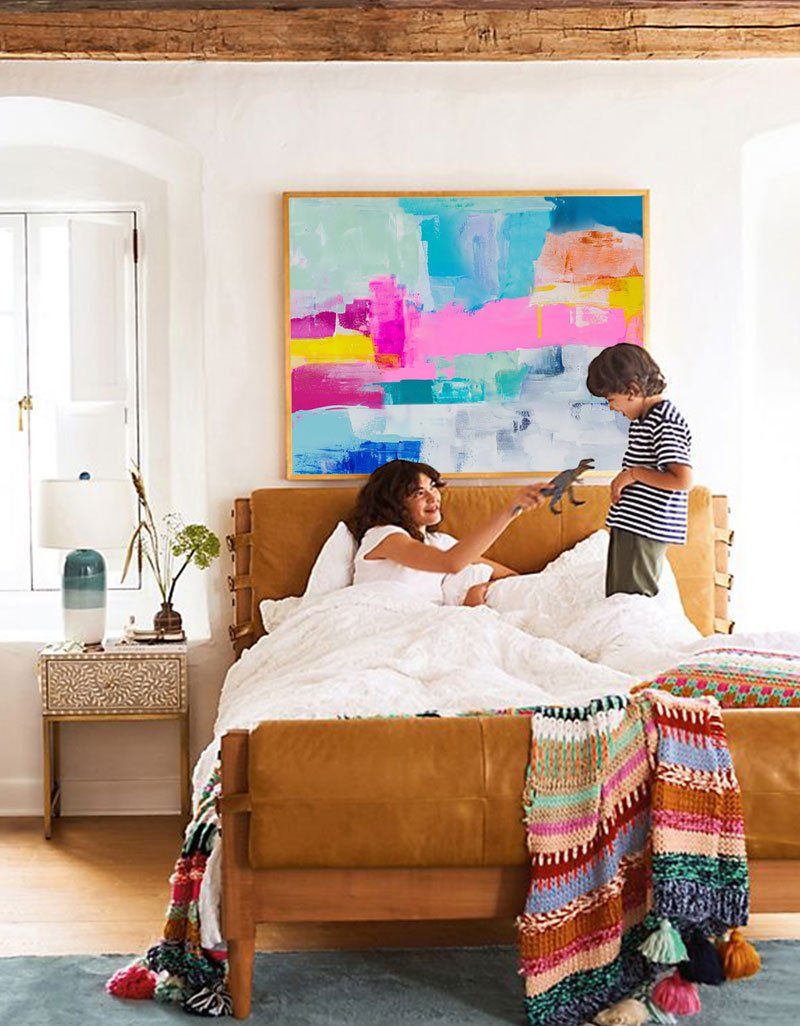 Pink‑Teal‑Yellow‑Blue Horizontal Bold Geometric Abstract Textured Artwork