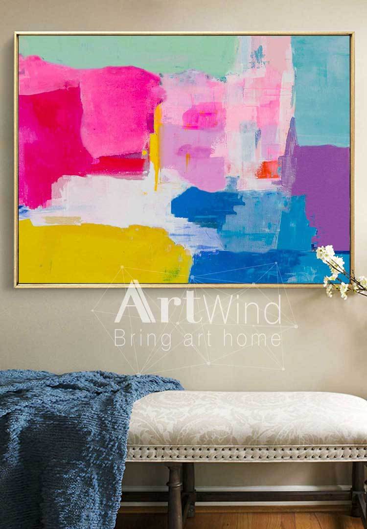 Hot‑Pink‑Yellow‑Purple‑Teal Horizontal Vibrant Geometric Abstract Textured Artwork