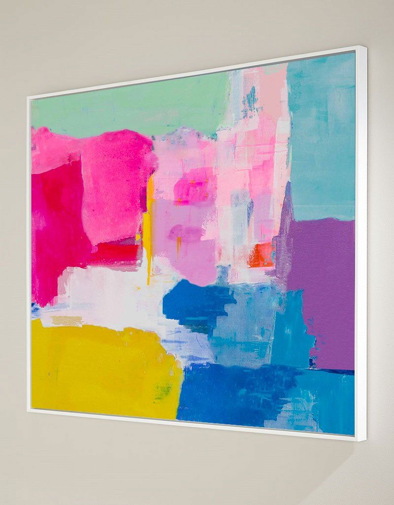Hot‑Pink‑Yellow‑Purple‑Teal Horizontal Vibrant Geometric Abstract Textured Artwork