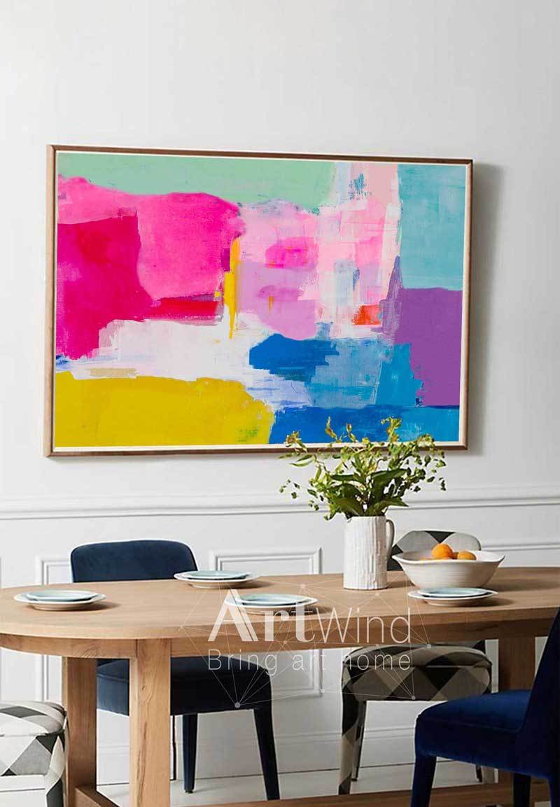 Hot‑Pink‑Yellow‑Purple‑Teal Horizontal Vibrant Geometric Abstract Textured Artwork