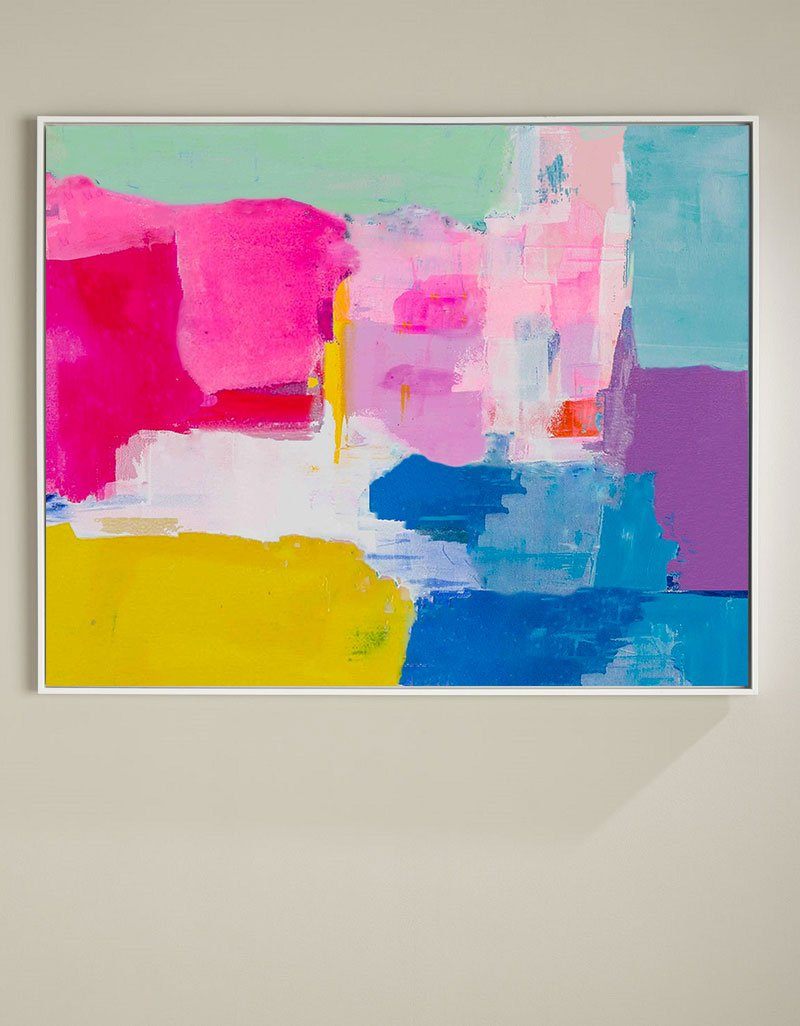 Hot‑Pink‑Yellow‑Purple‑Teal Horizontal Vibrant Geometric Abstract Textured Artwork