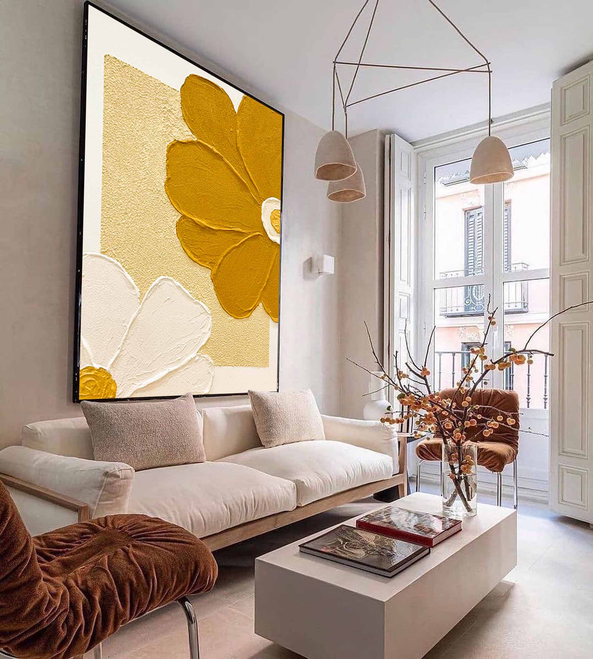 Wall Art Golden Yellow White Daisy Geometric