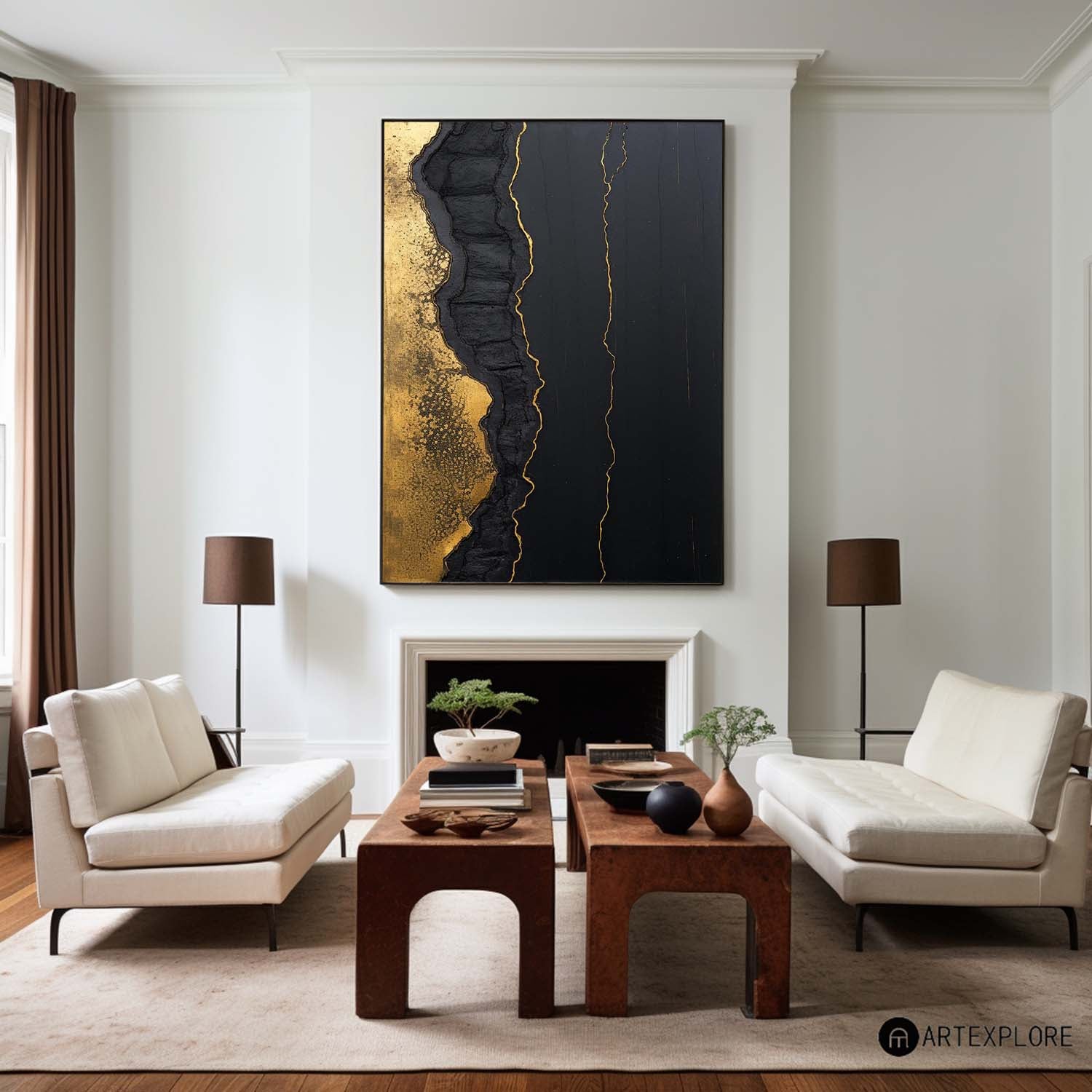 Dark Black‑Gold Foil Abstract Heavy‑Rugged Raised Tactile Textured Artwork