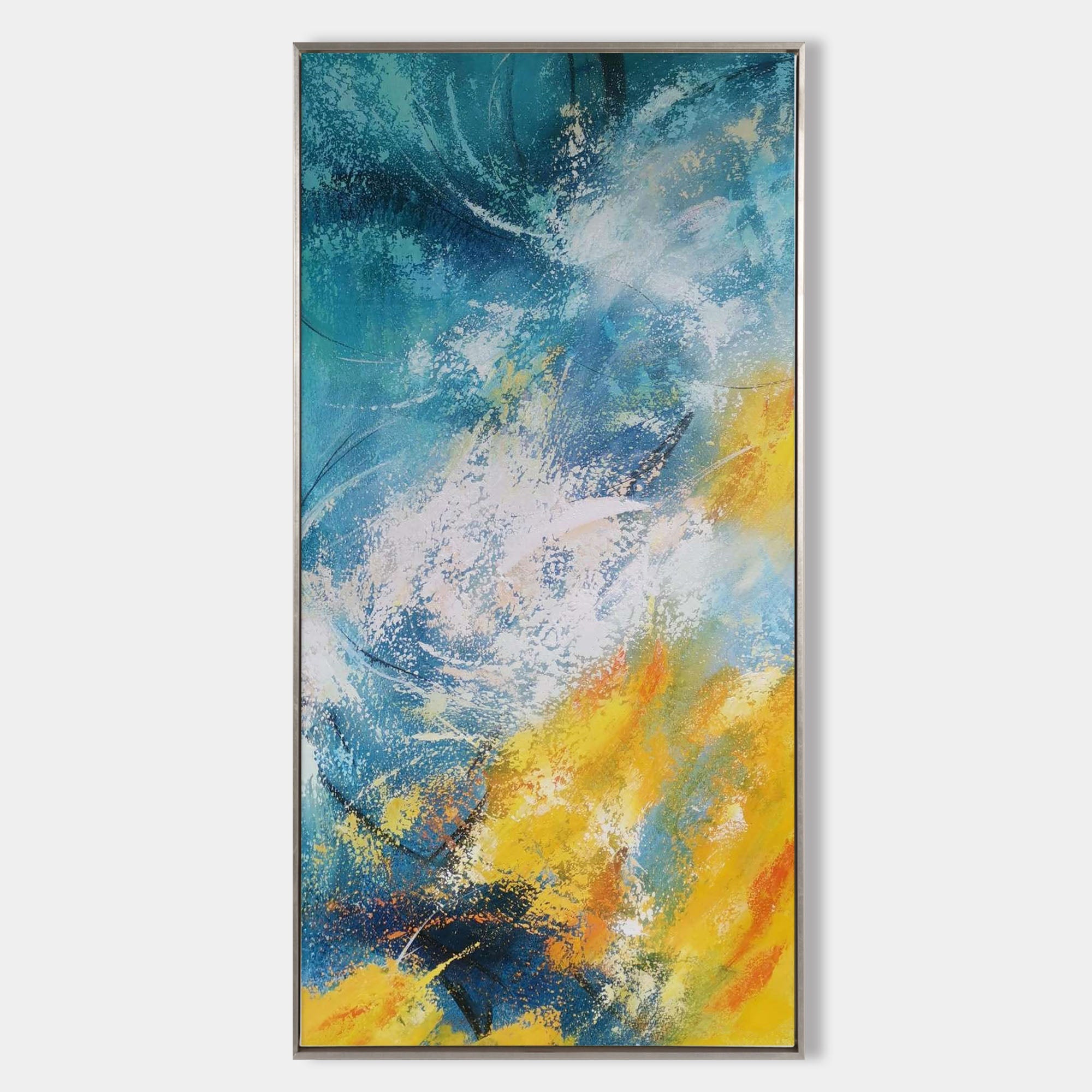 Vertical Abstract Blue Gold Ocean Waves Oil Acrylic Linen Canvas Painting