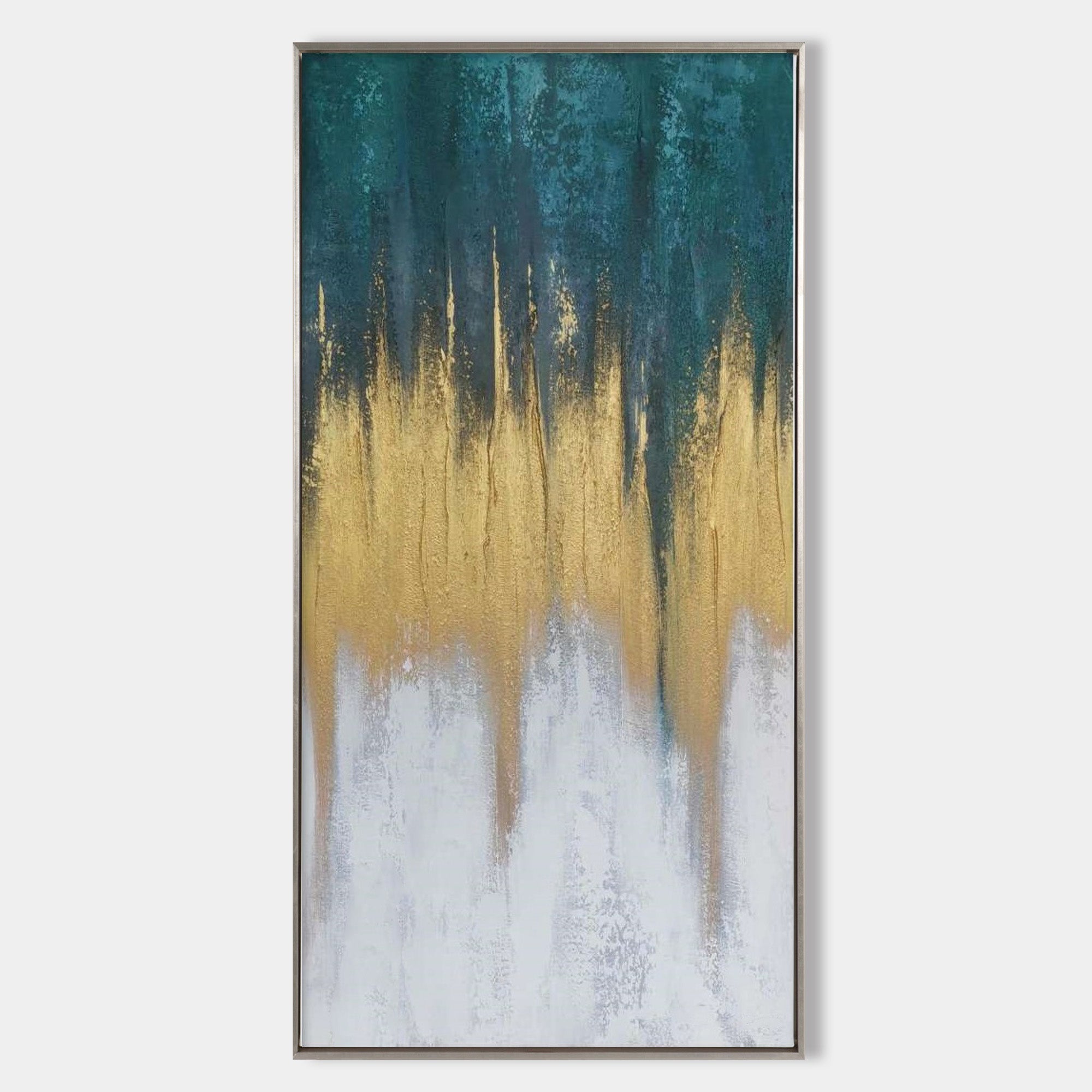 Vertical Abstract Teal Gold Ombre Cascading Light Oil Acrylic Linen Canvas Painting
