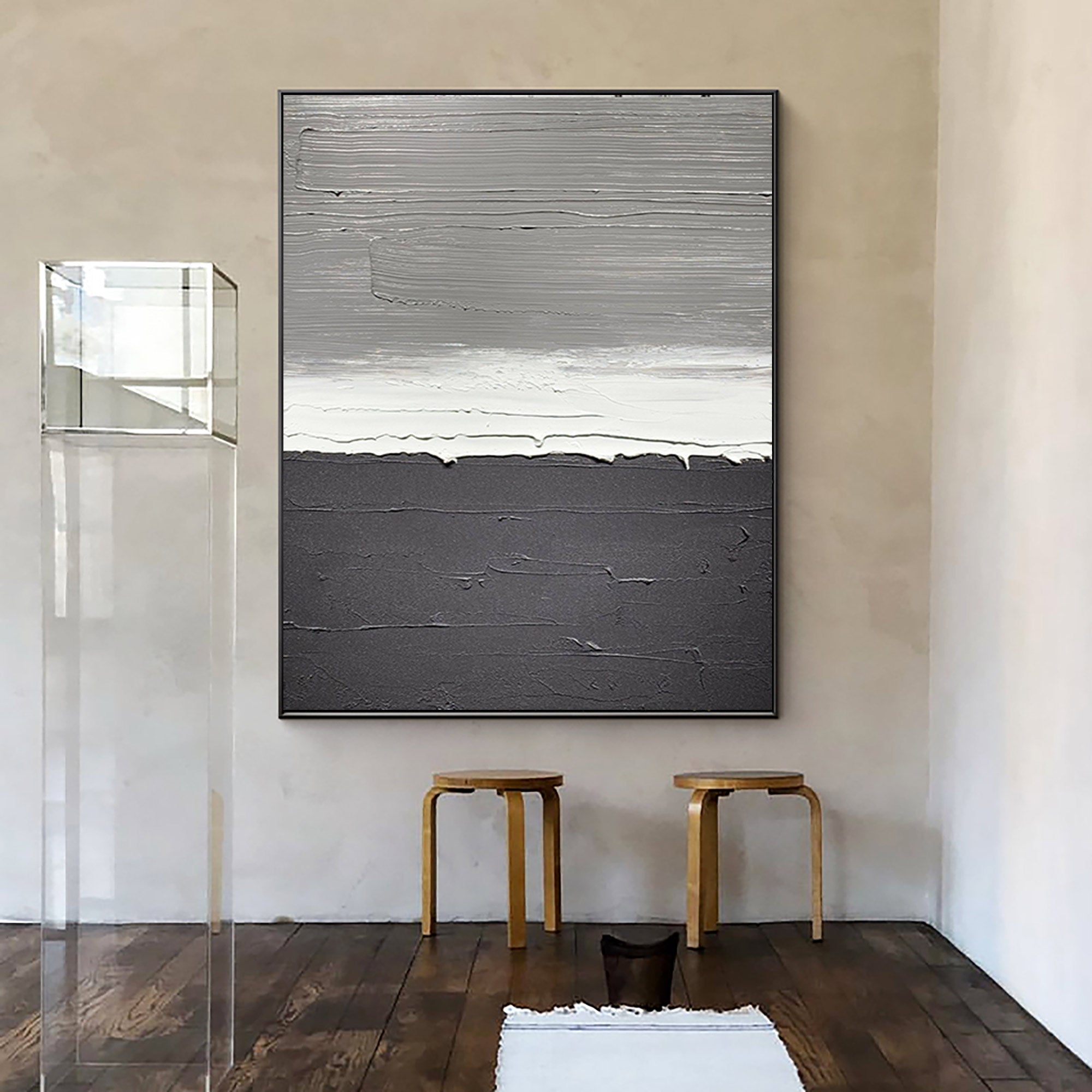 Monochrome Gray Black Horizon Abstract Oil Acrylic Linen Canvas Painting