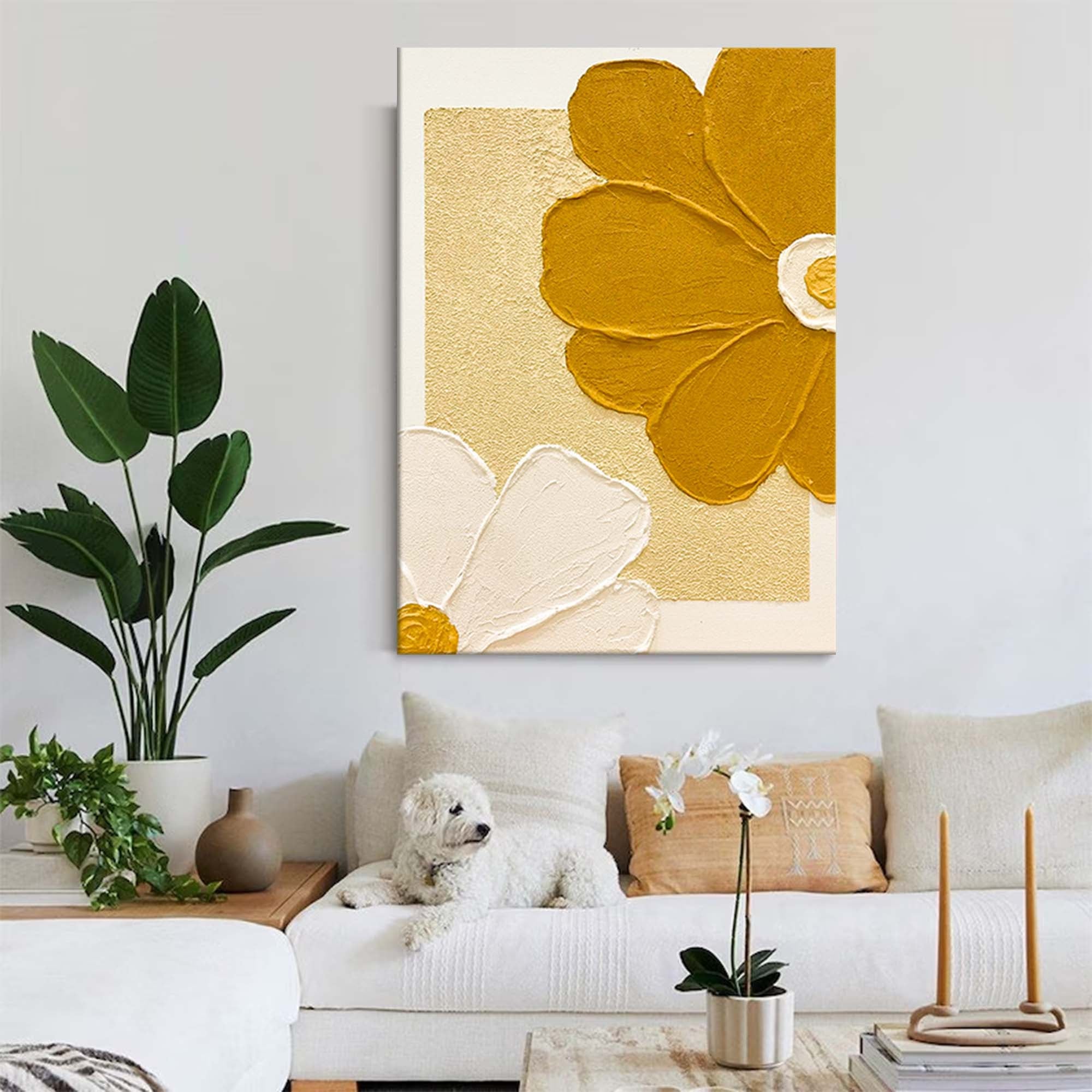 Wall Art Golden Yellow White Daisy Geometric