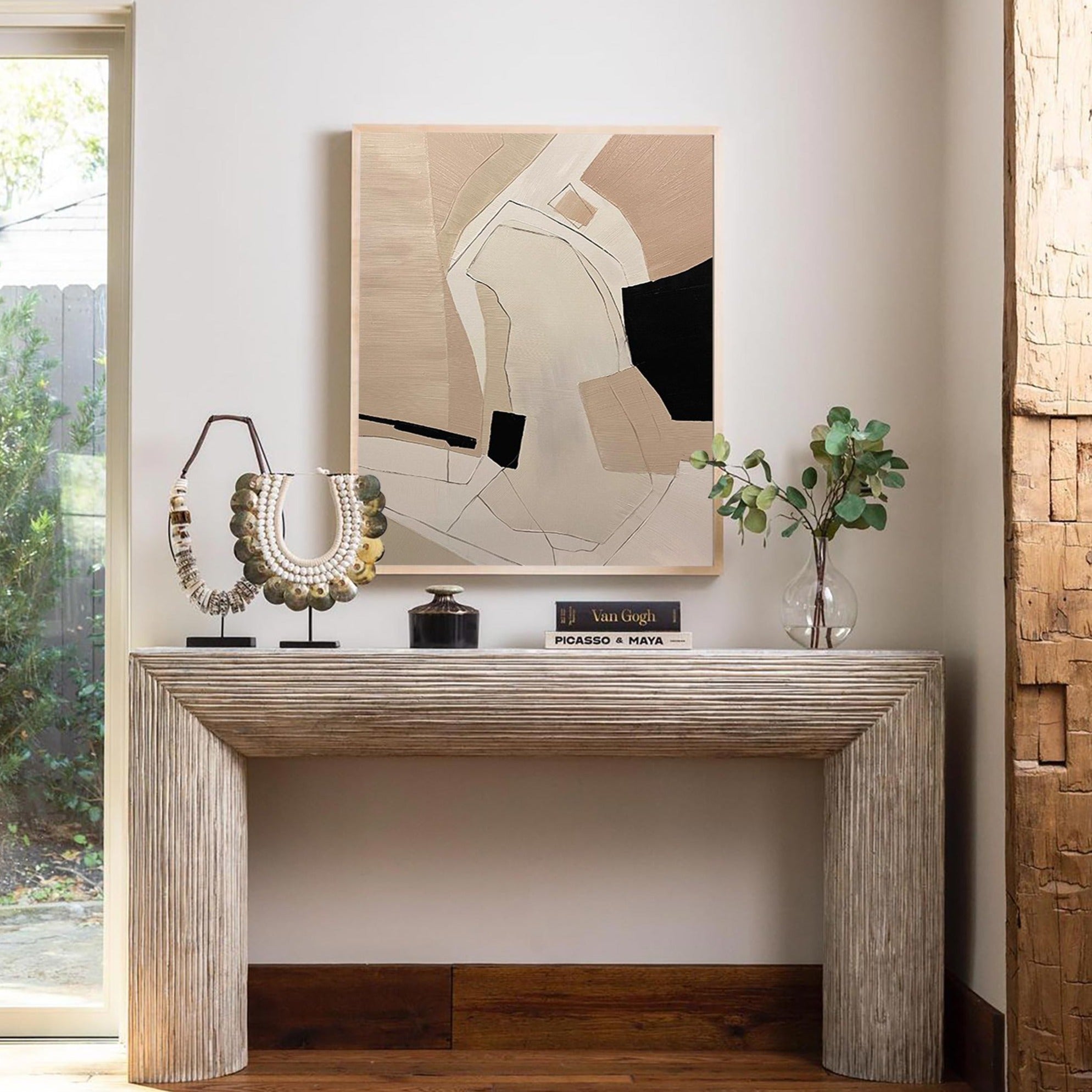 Beige‑Black‑Cream Vertical Geometric‑Splice Impasto‑Textured Artwork