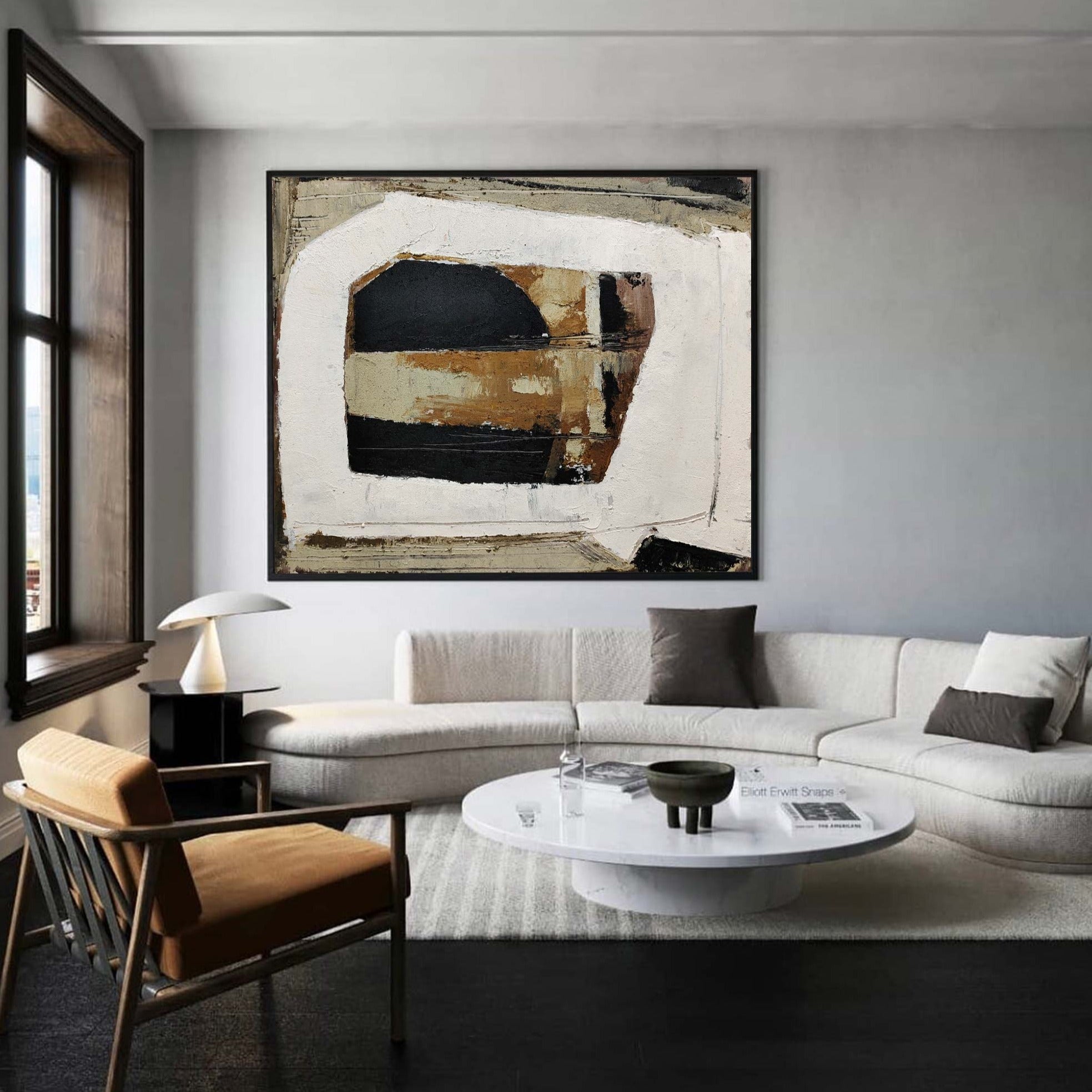 Abstract Black Beige Brown Geometric Oil Painting