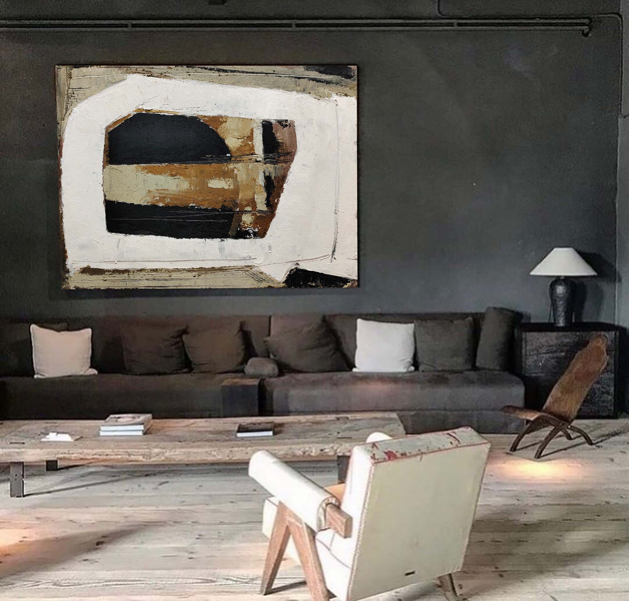 Abstract Black Beige Brown Geometric Oil Painting
