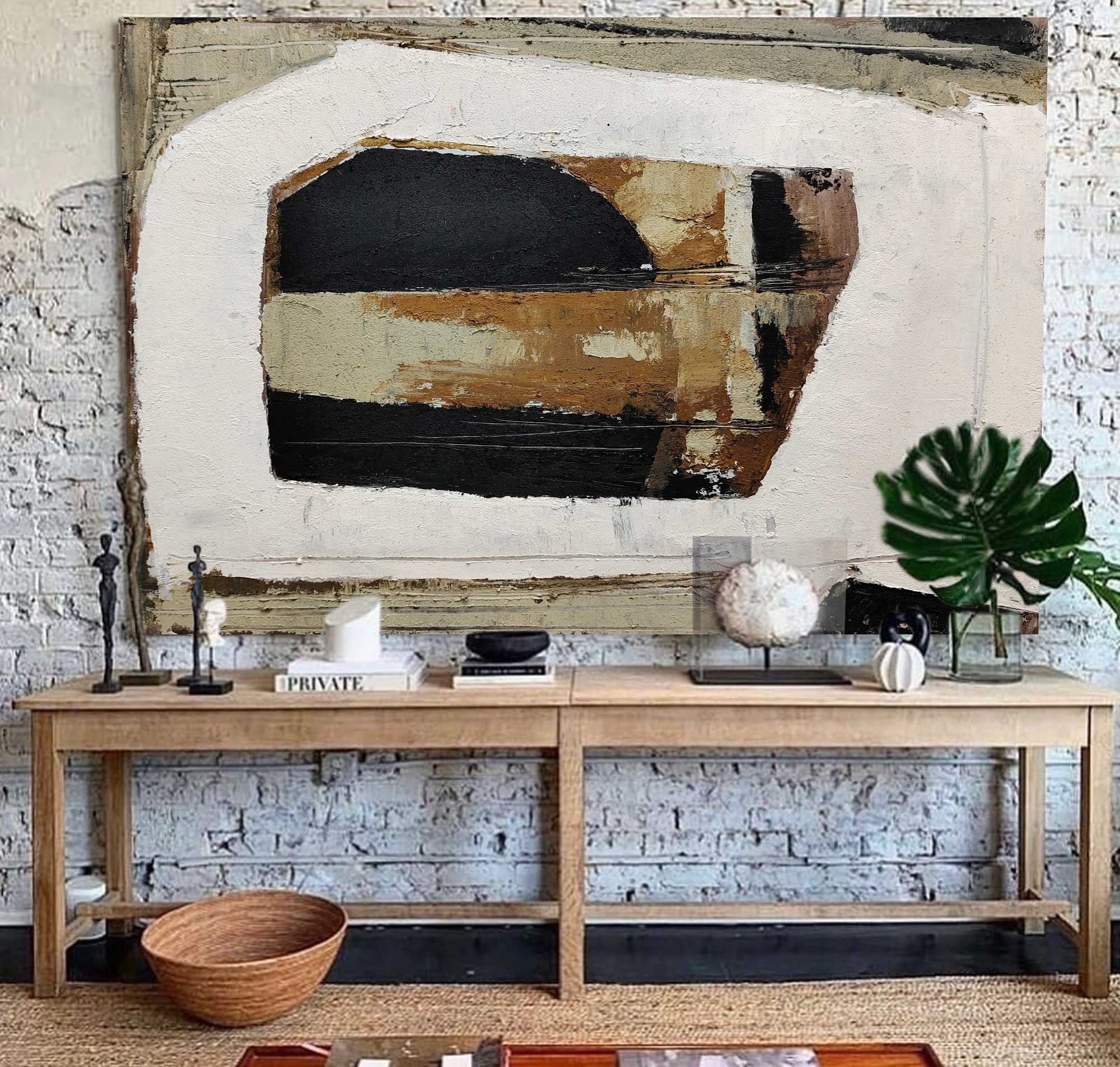 Abstract Black Beige Brown Geometric Oil Painting